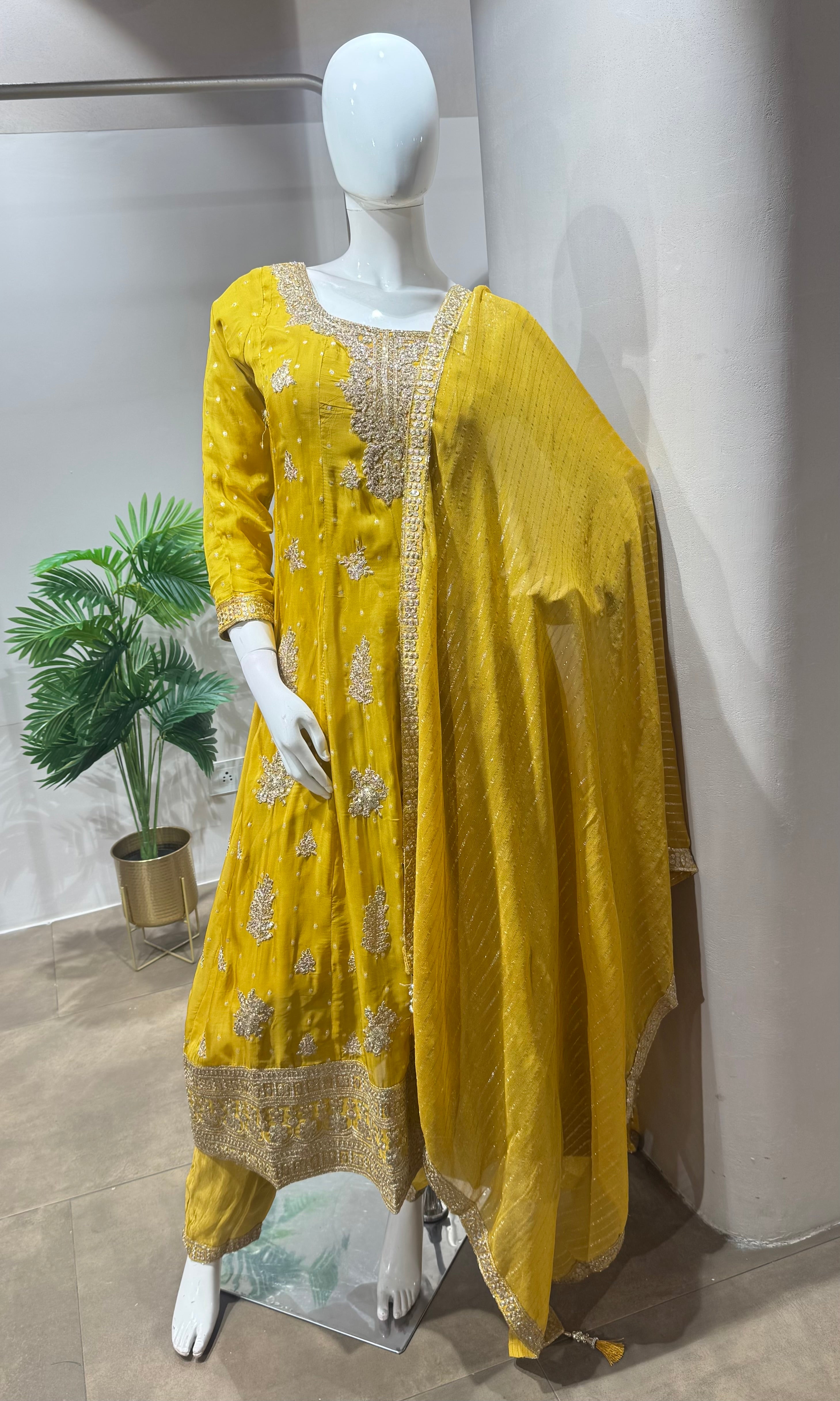 YELLOW GOLDEN EMBROIDERY ANARKALI SET