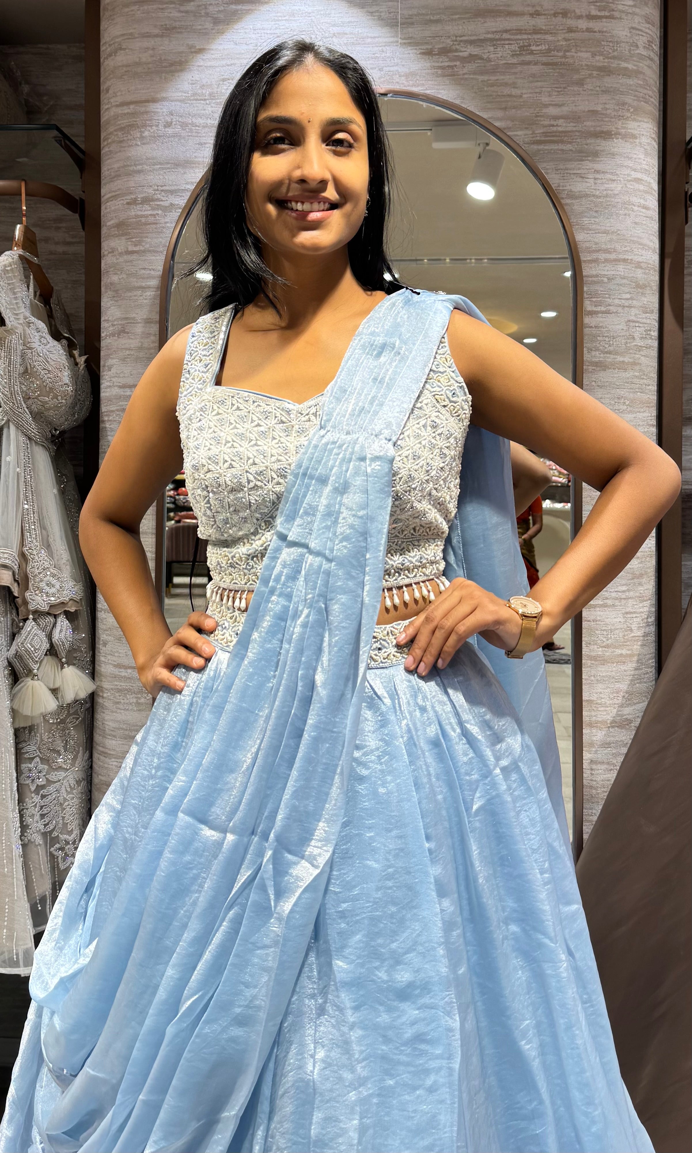 sea Blue Organza Bead Embroidered Lehenga
