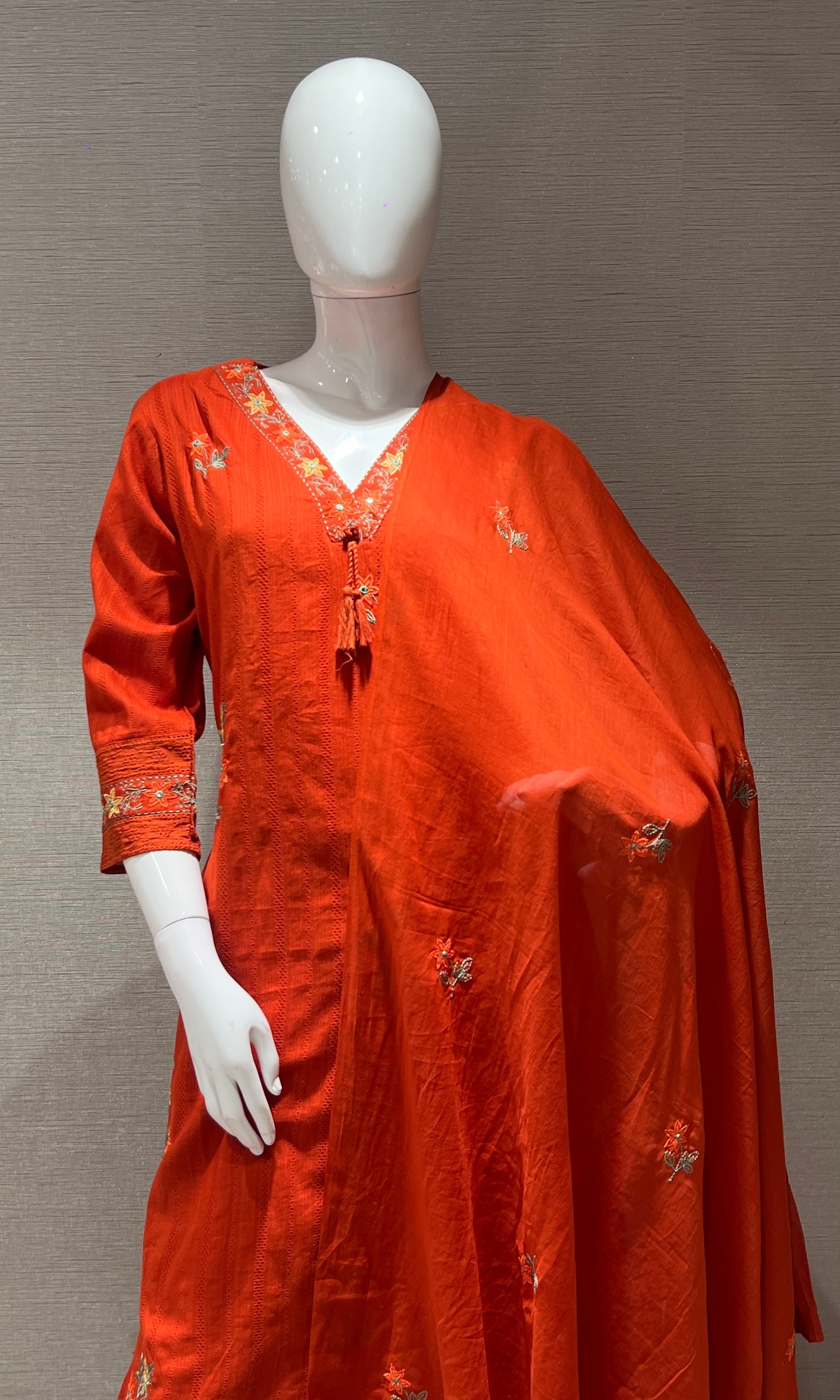 Rust Orange Floral Embroidered Kurta Set