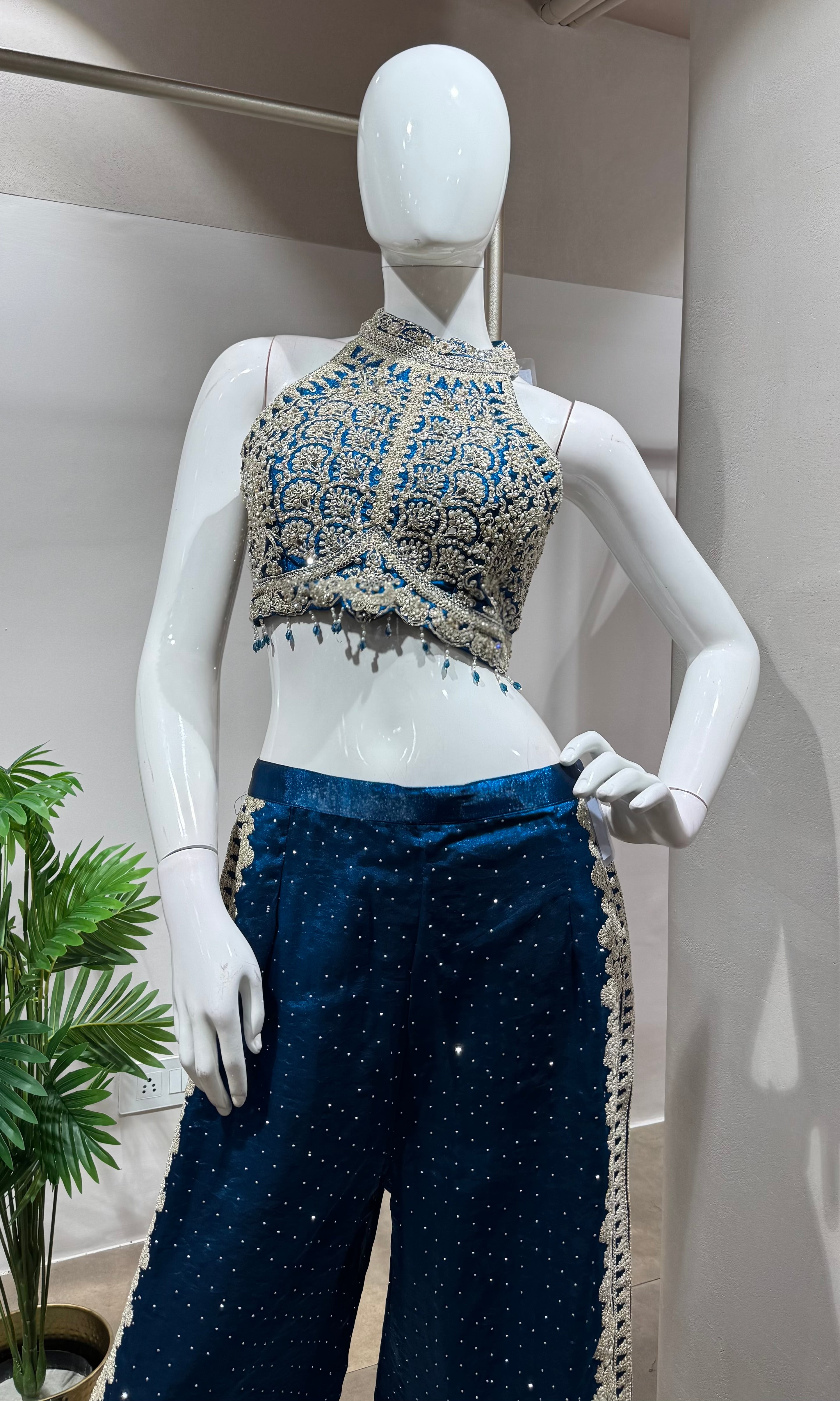 BLUE EMBROIDERED HALTER CROP TOP PALAZZO SET