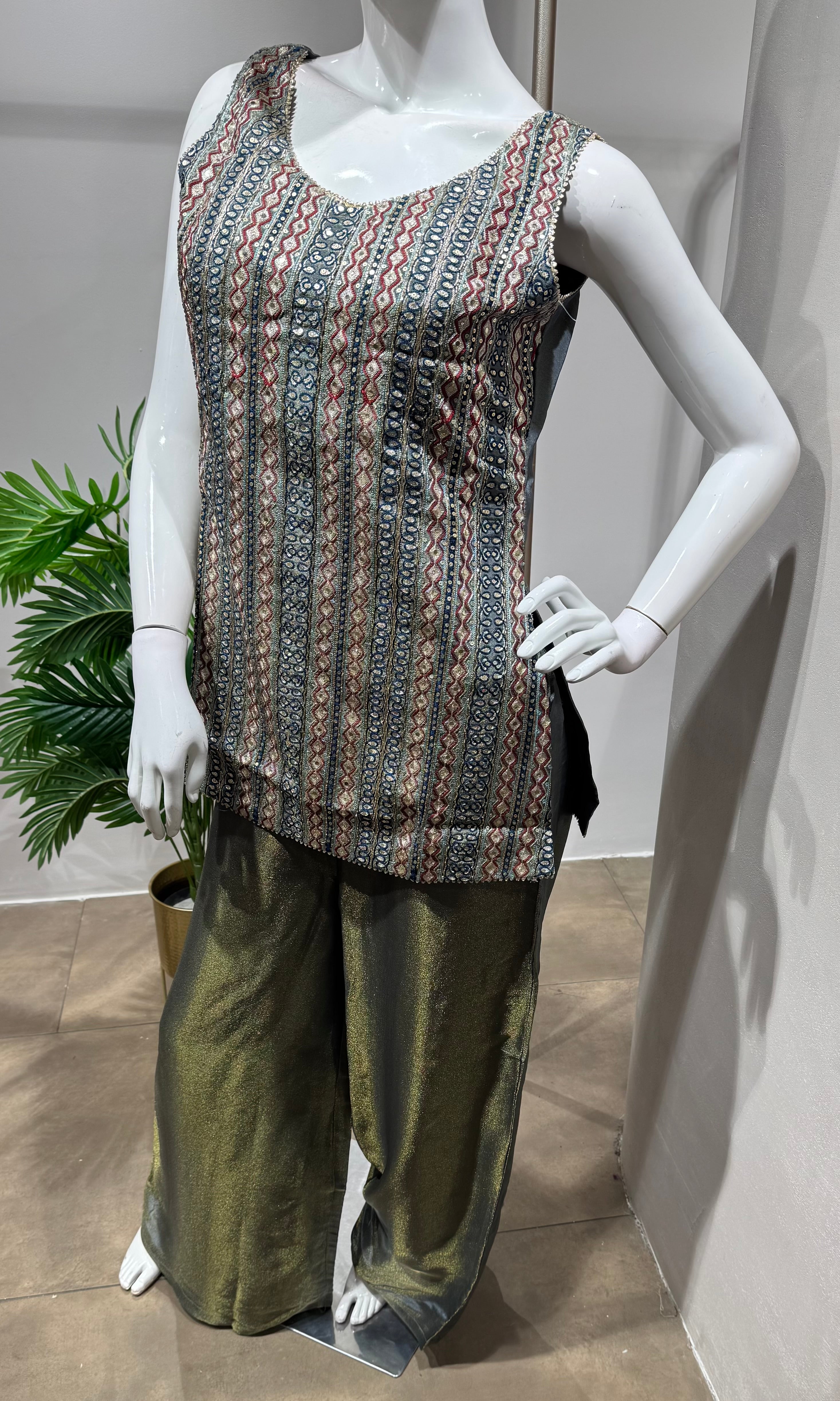 Grey Sleeveless Kurti & Flared Palazzos