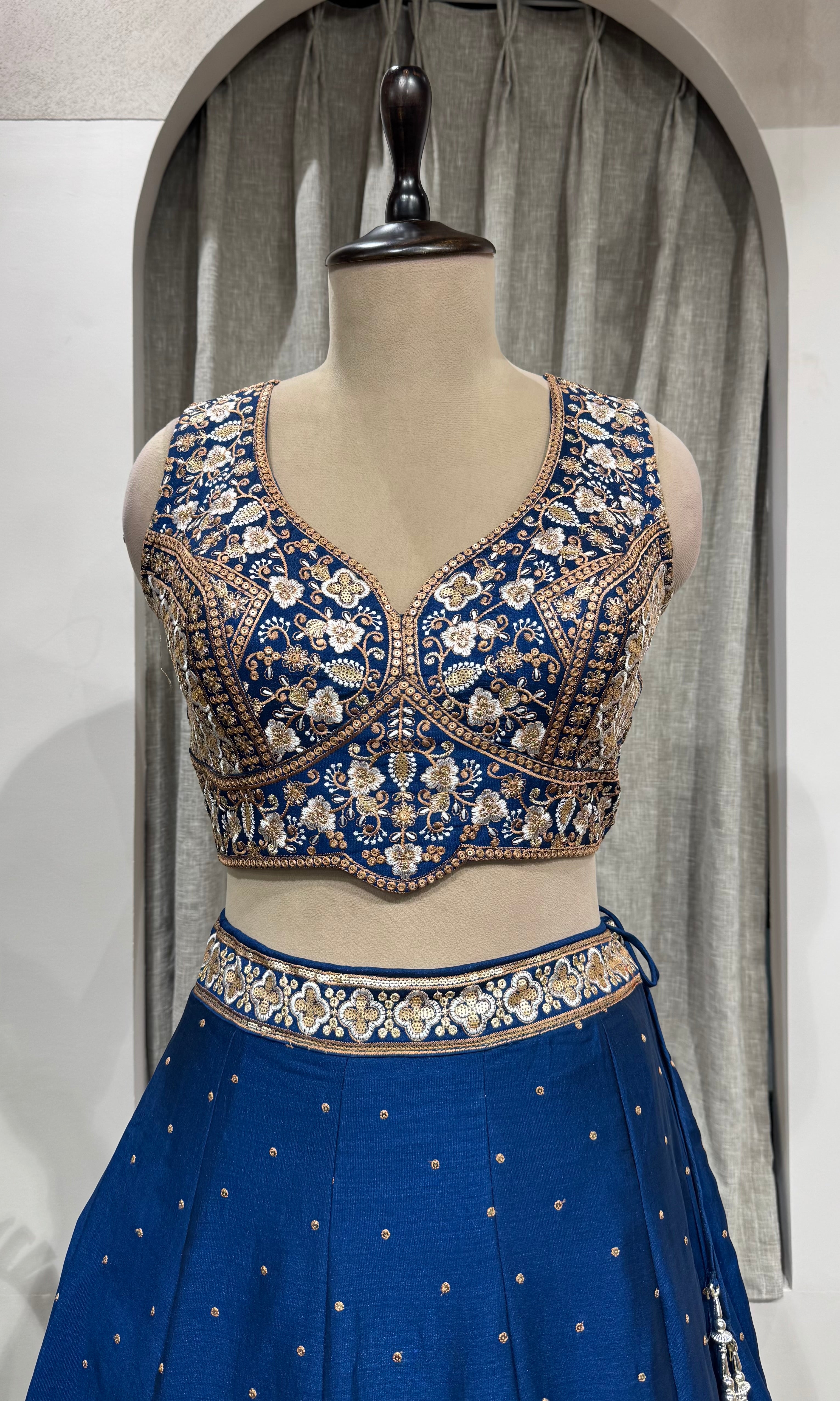 blue intricate silver & gold embroidery Lehenga