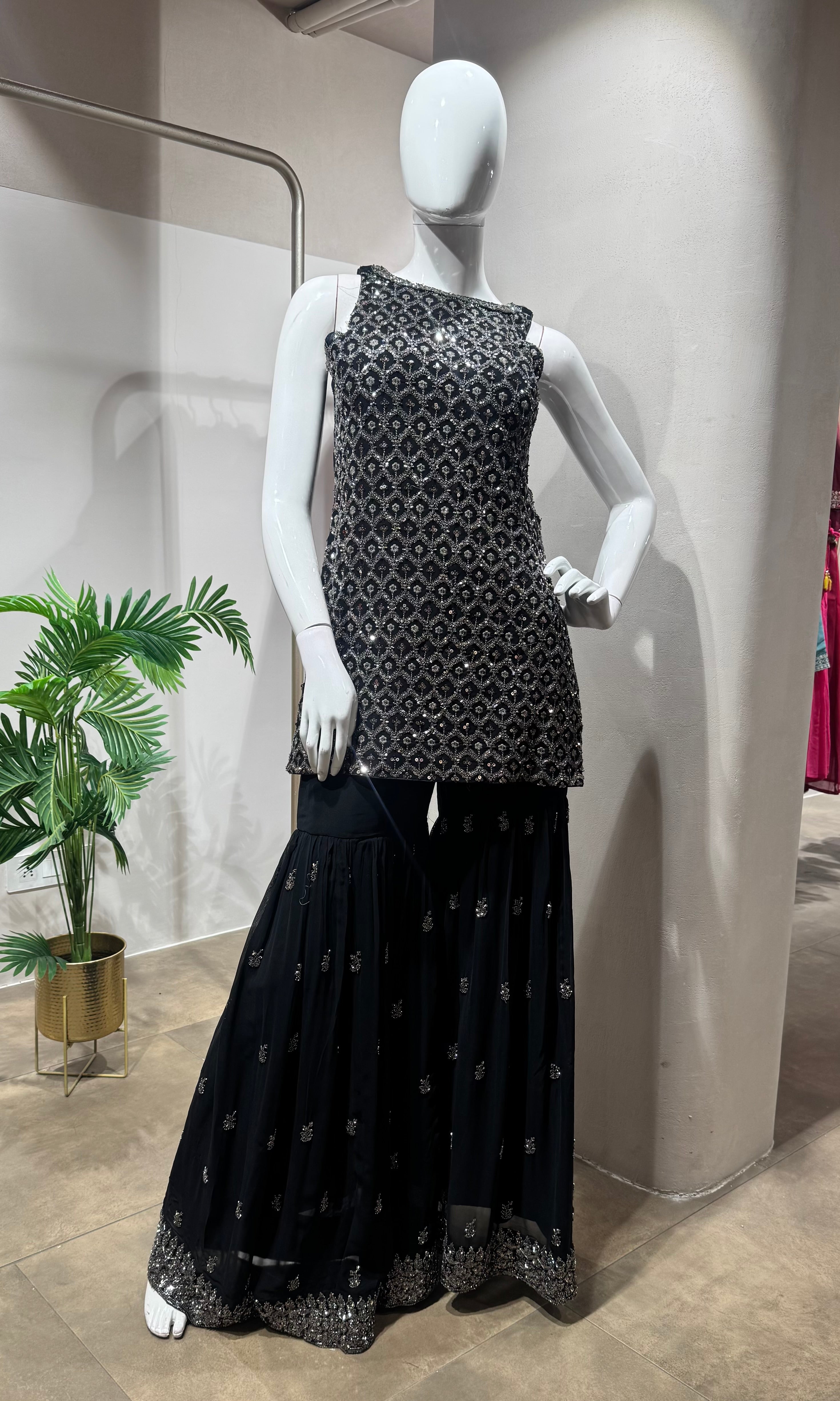BLACK EMBROIDERED PEPLUM SHARARA SET