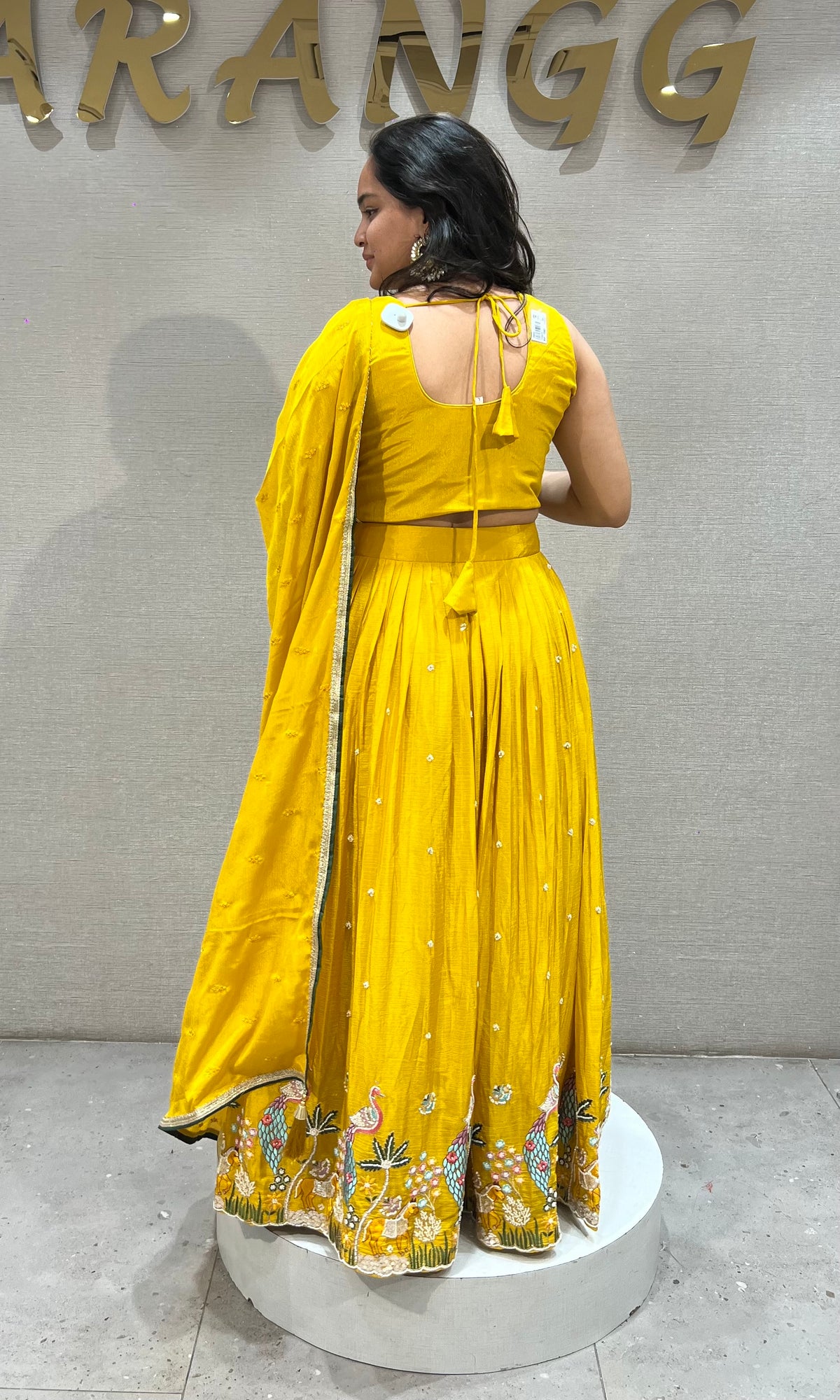Yellow Tissue silk Lehenga with Peacock & Floral Embroidery