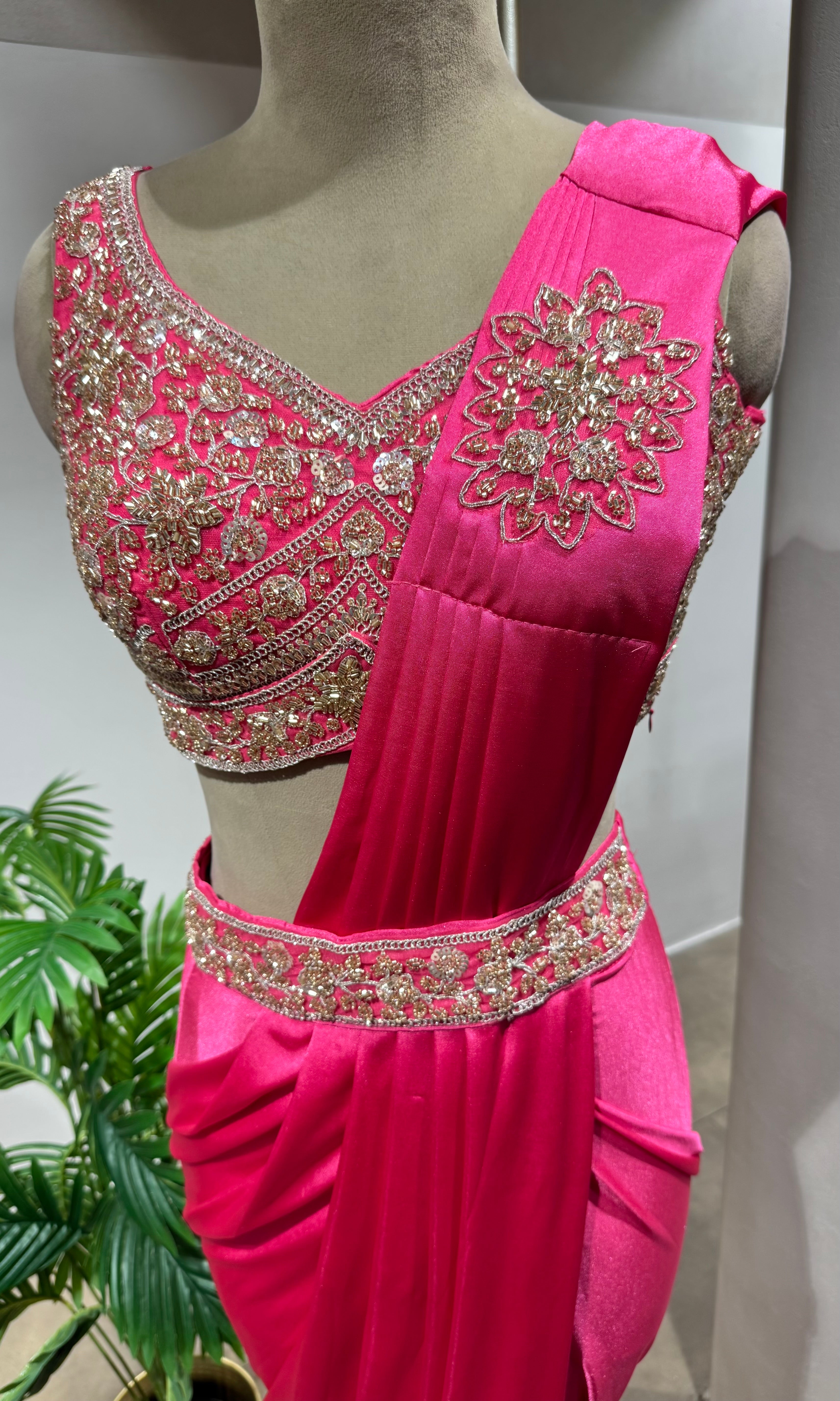 PINK DRAPE SAREE WITH EMBROIDERED BLOUSE & BELT