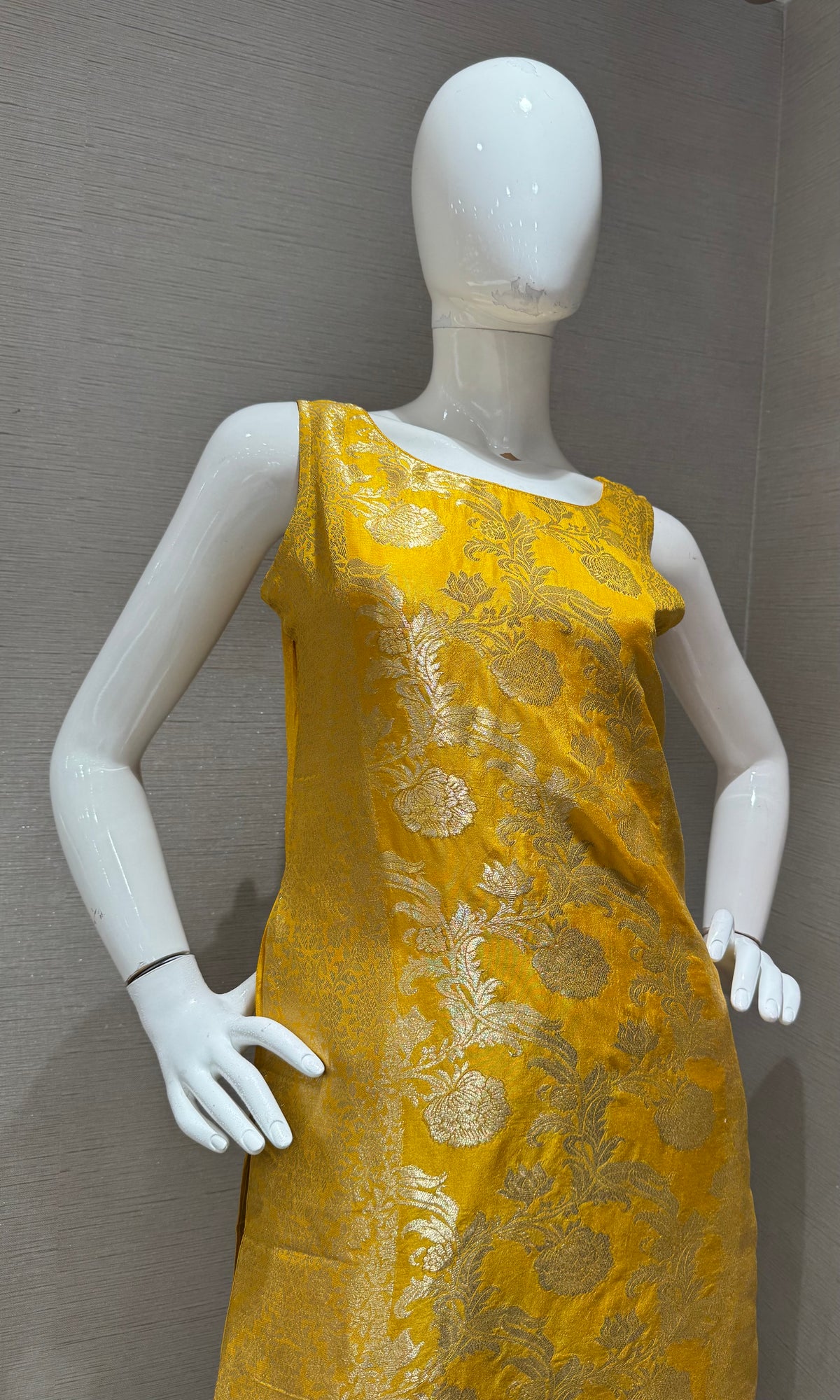 Mustard Banarasi Silk Golden Floral Zari kurta set