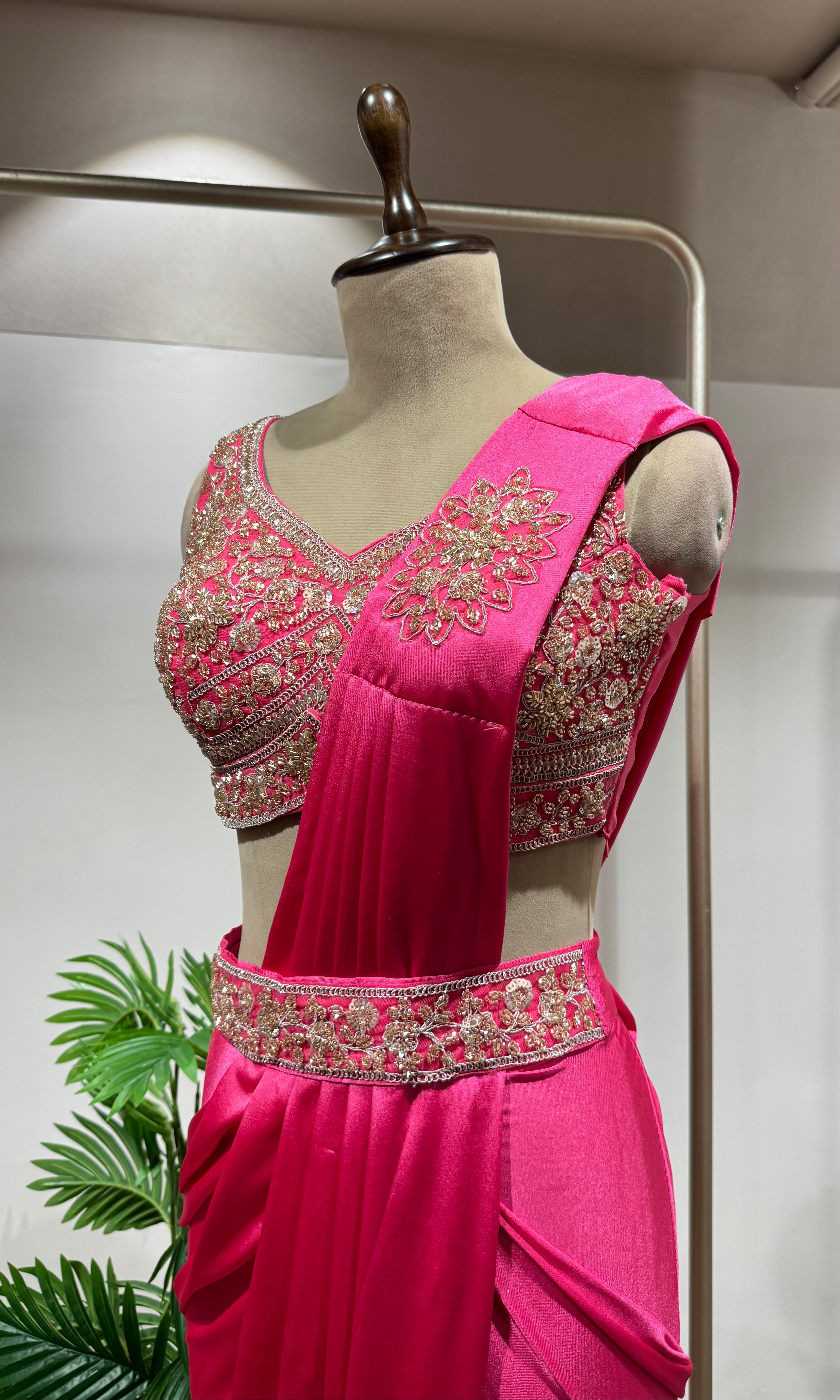 PINK DRAPE SAREE WITH EMBROIDERED BLOUSE & BELT