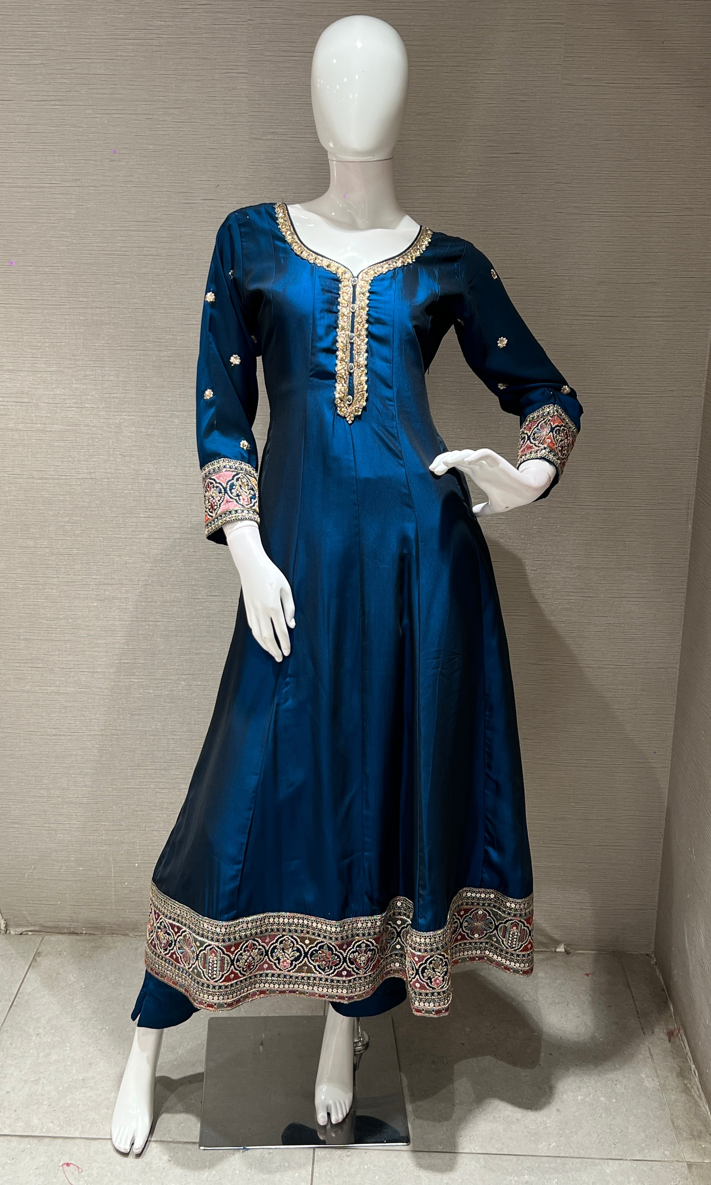 Rama blue gold embroidery Anarkali set