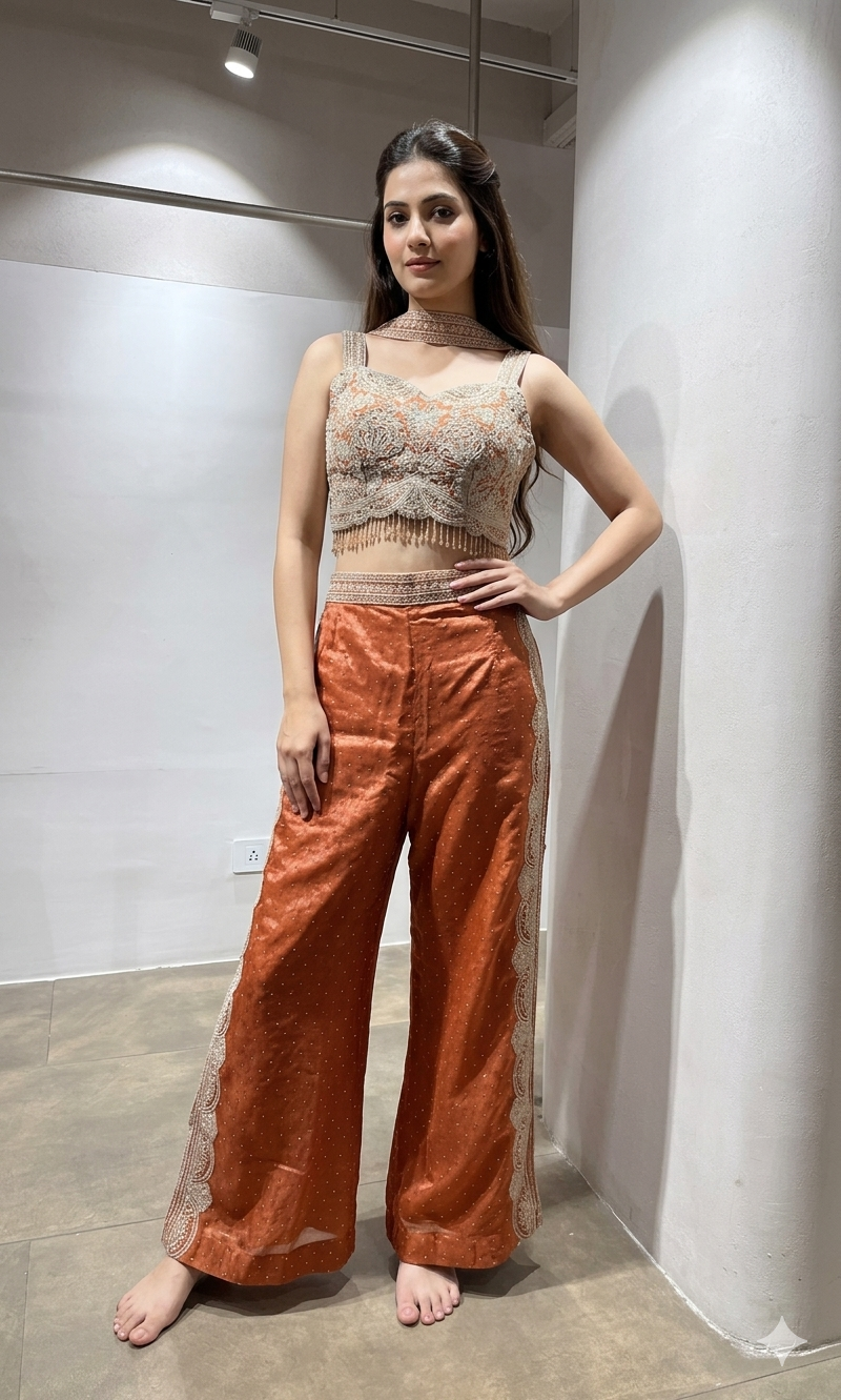 RUST Crepe Silk Crop Top Palazzo set