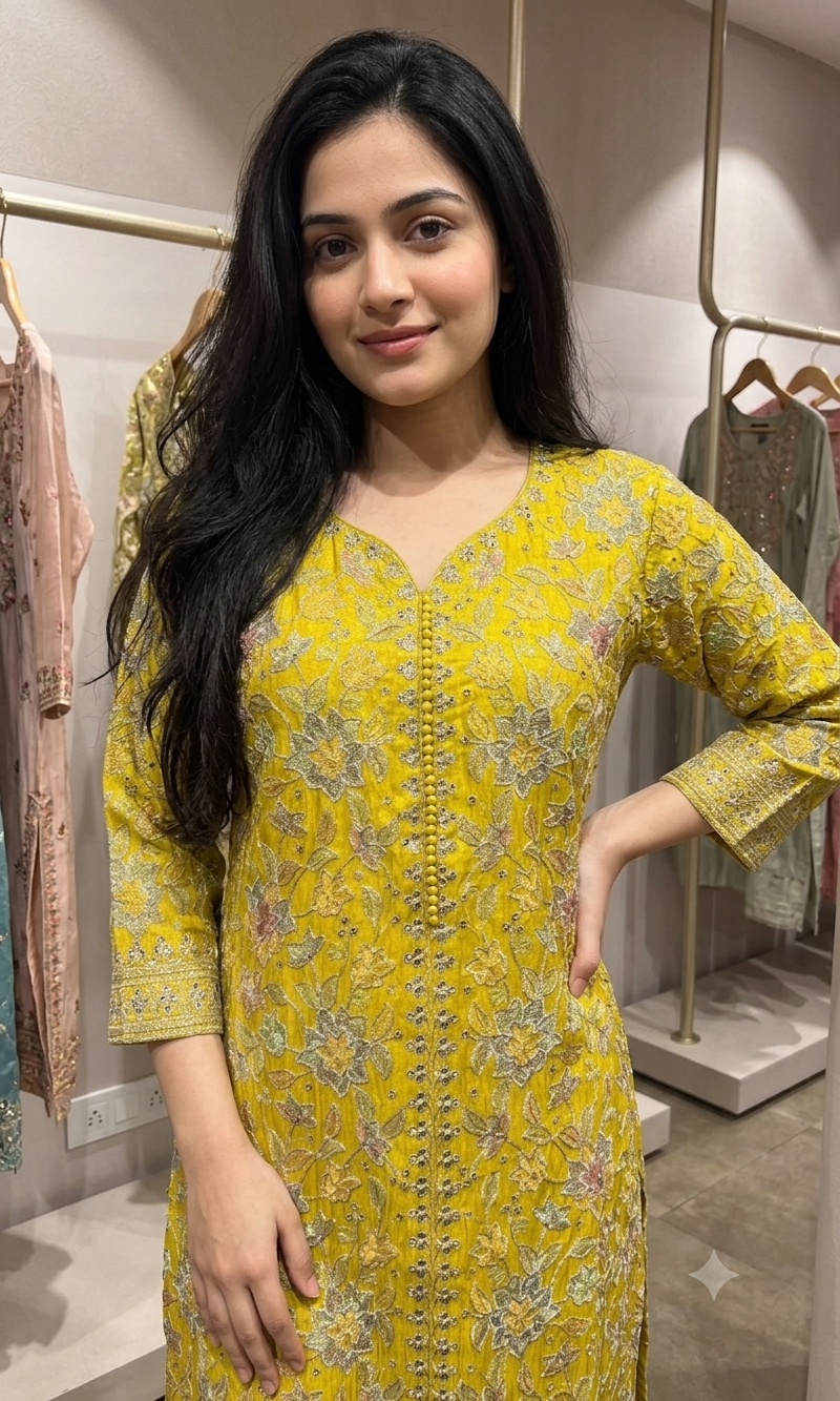Yellow embroidered straight kurta set