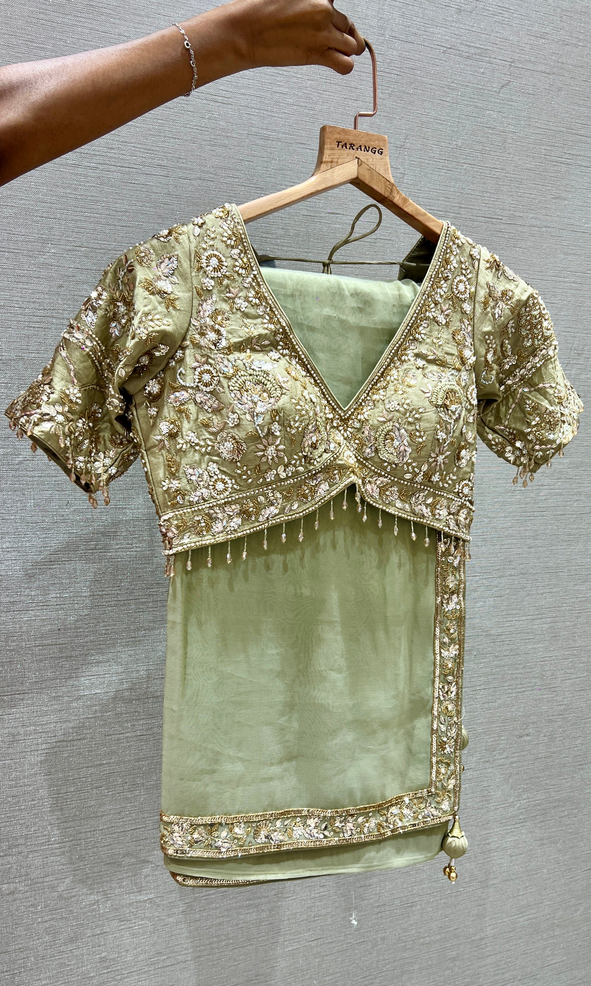 Pista green saree with ready blouse