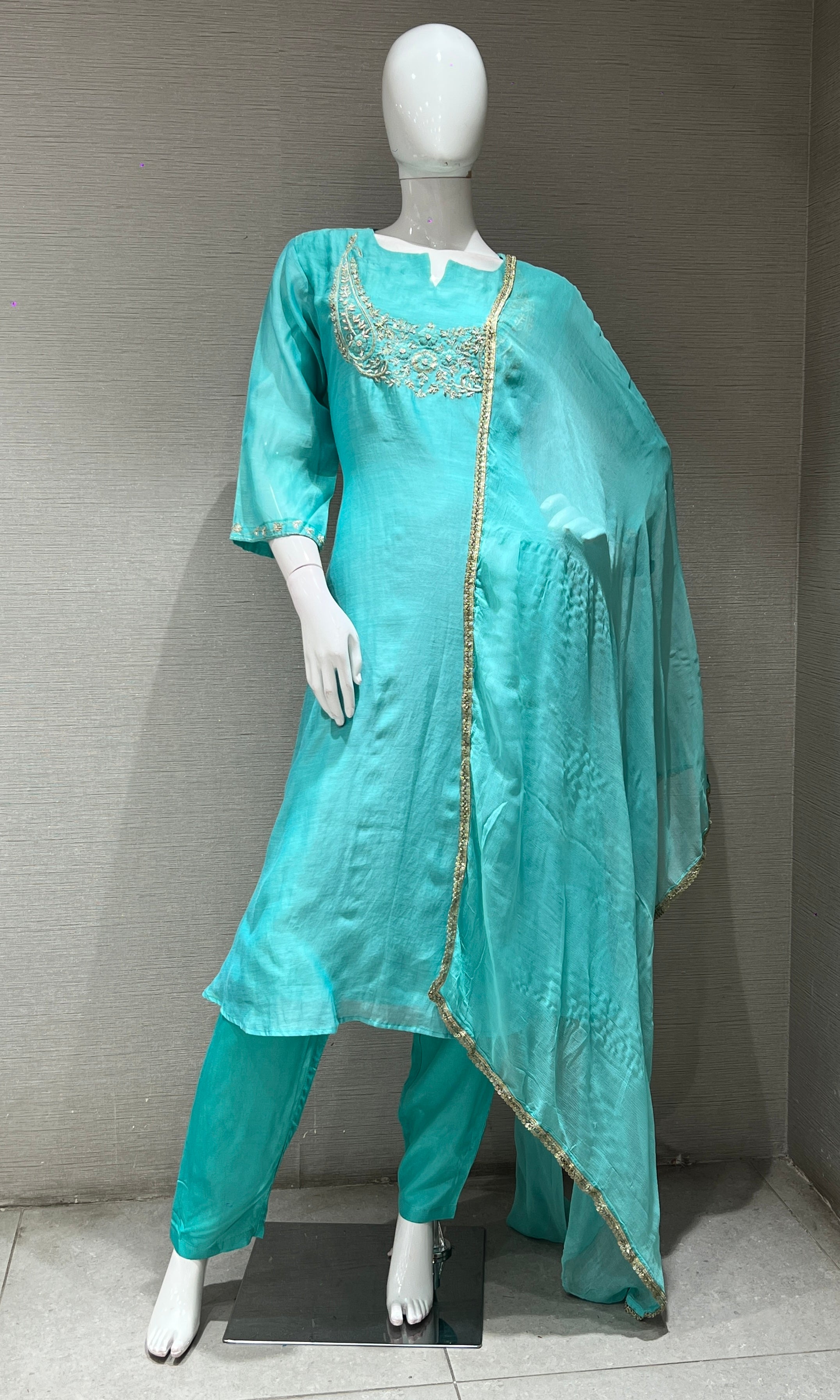 Sea green MUL CHANDERI  KURTA SET