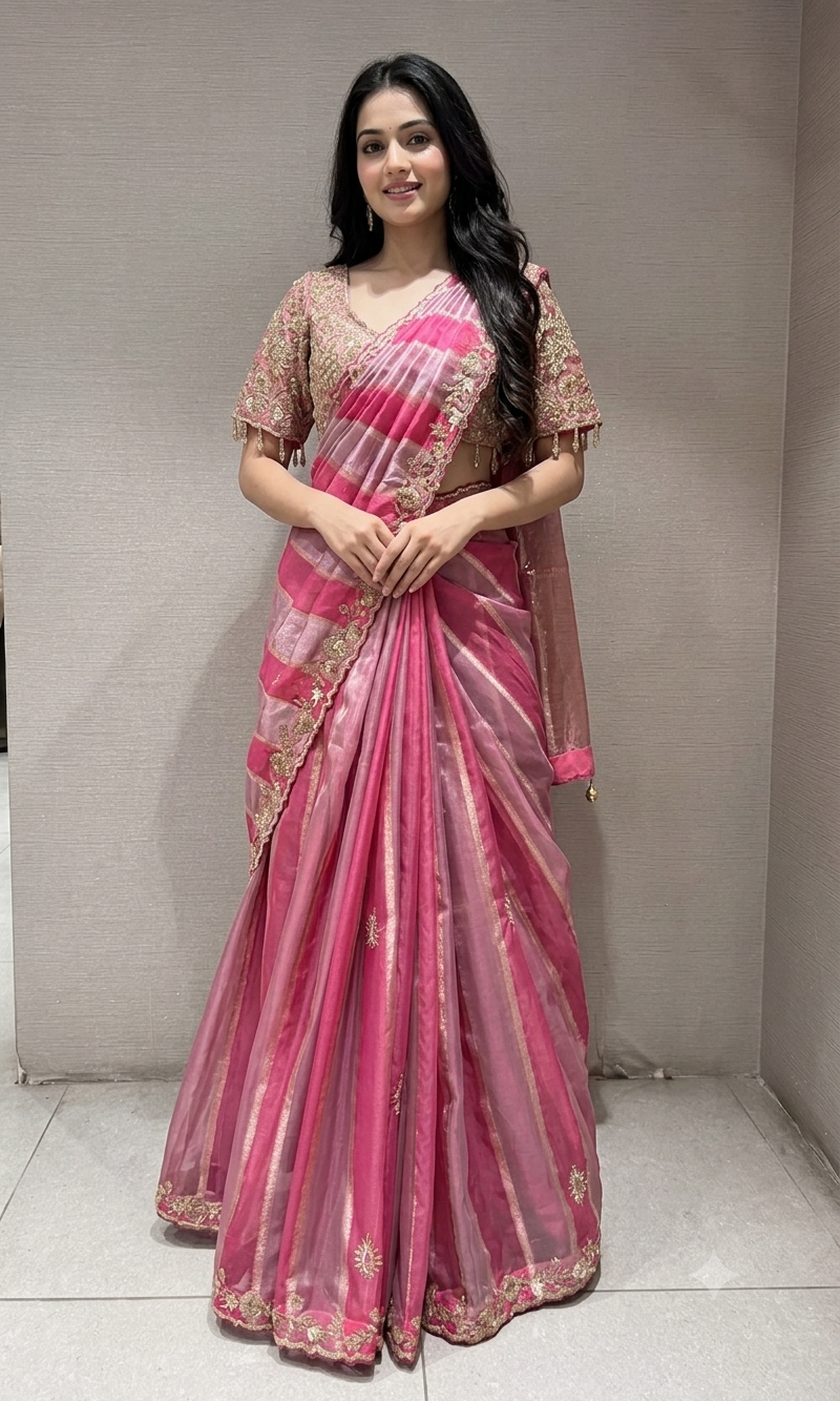 pink leheriya tissue saree with embellished blouse