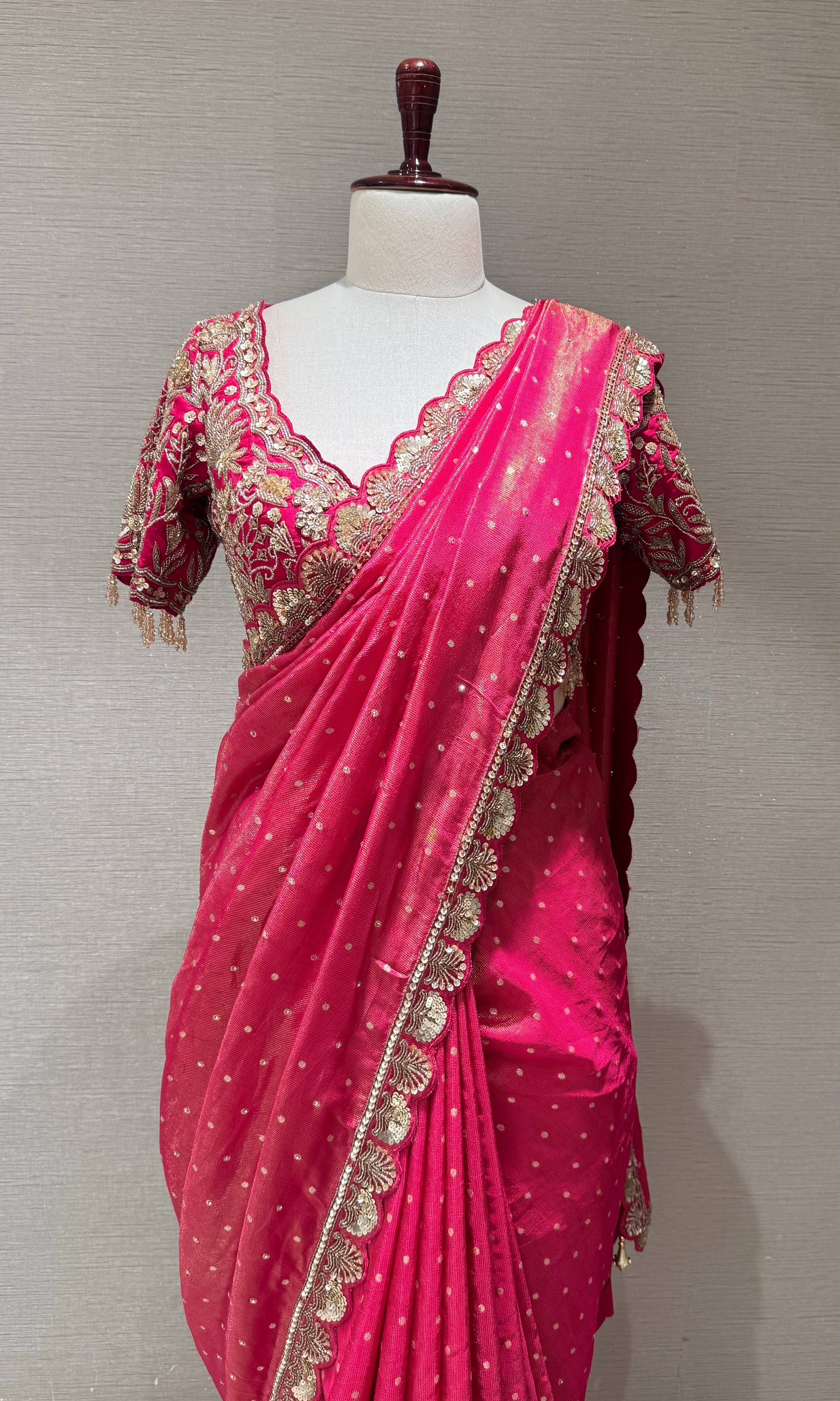 Pink Bandhani Saree with embroidered blouse