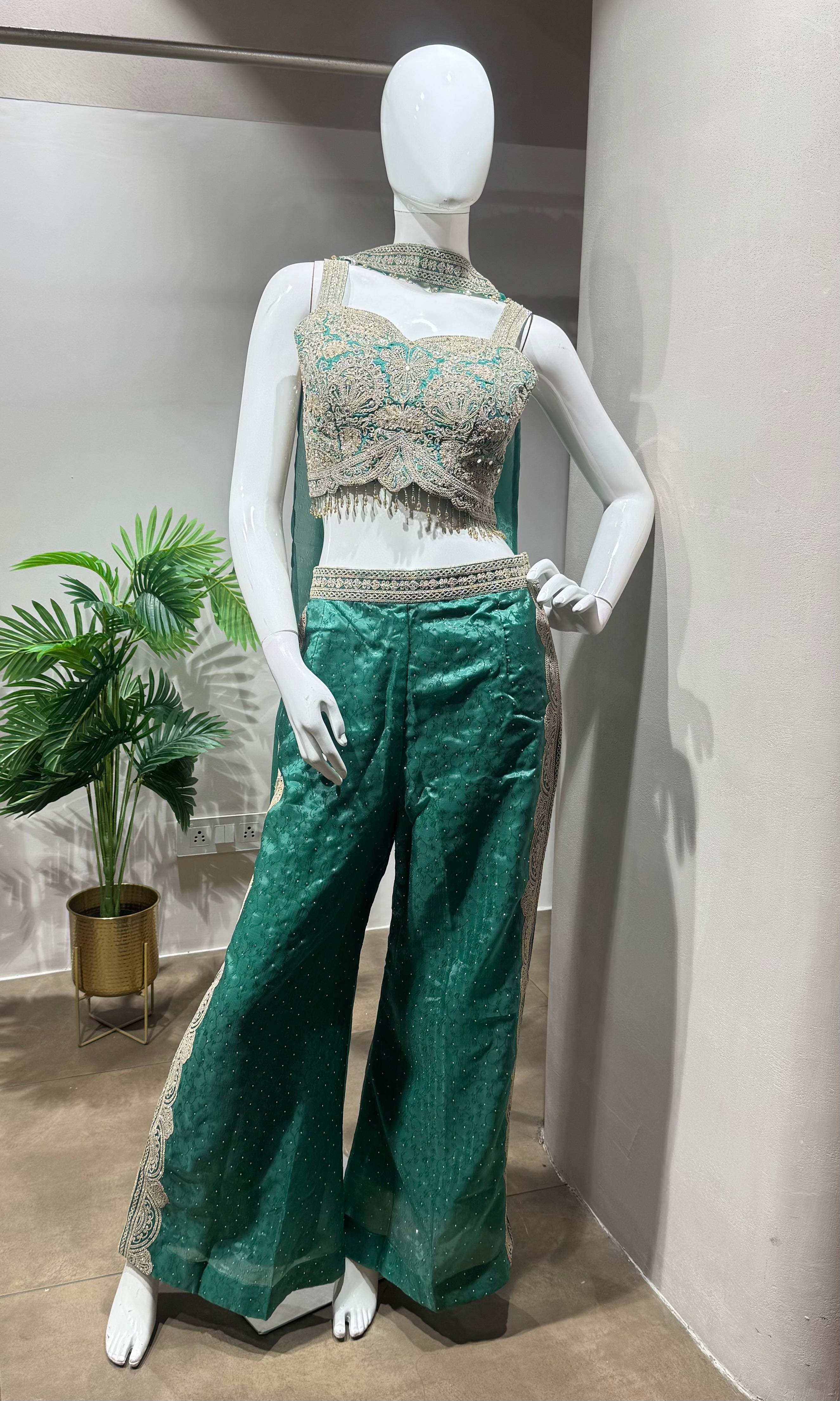 Green sequins crop top and palazzo set