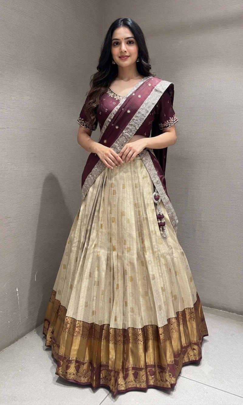 Brown and gold banarasi pattu lehenga with embroidered blouse