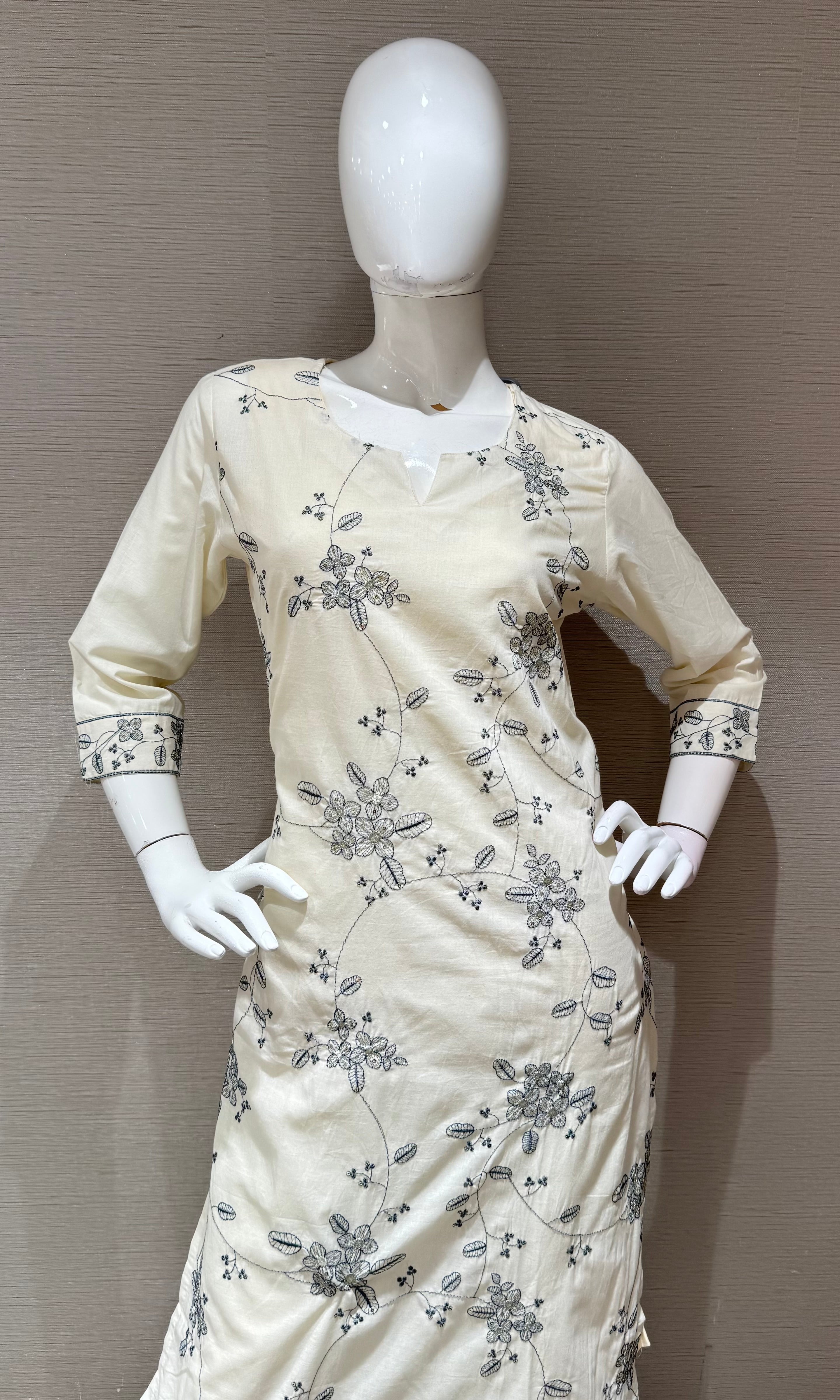 White Floral Embroidered Straight Kurta SET
