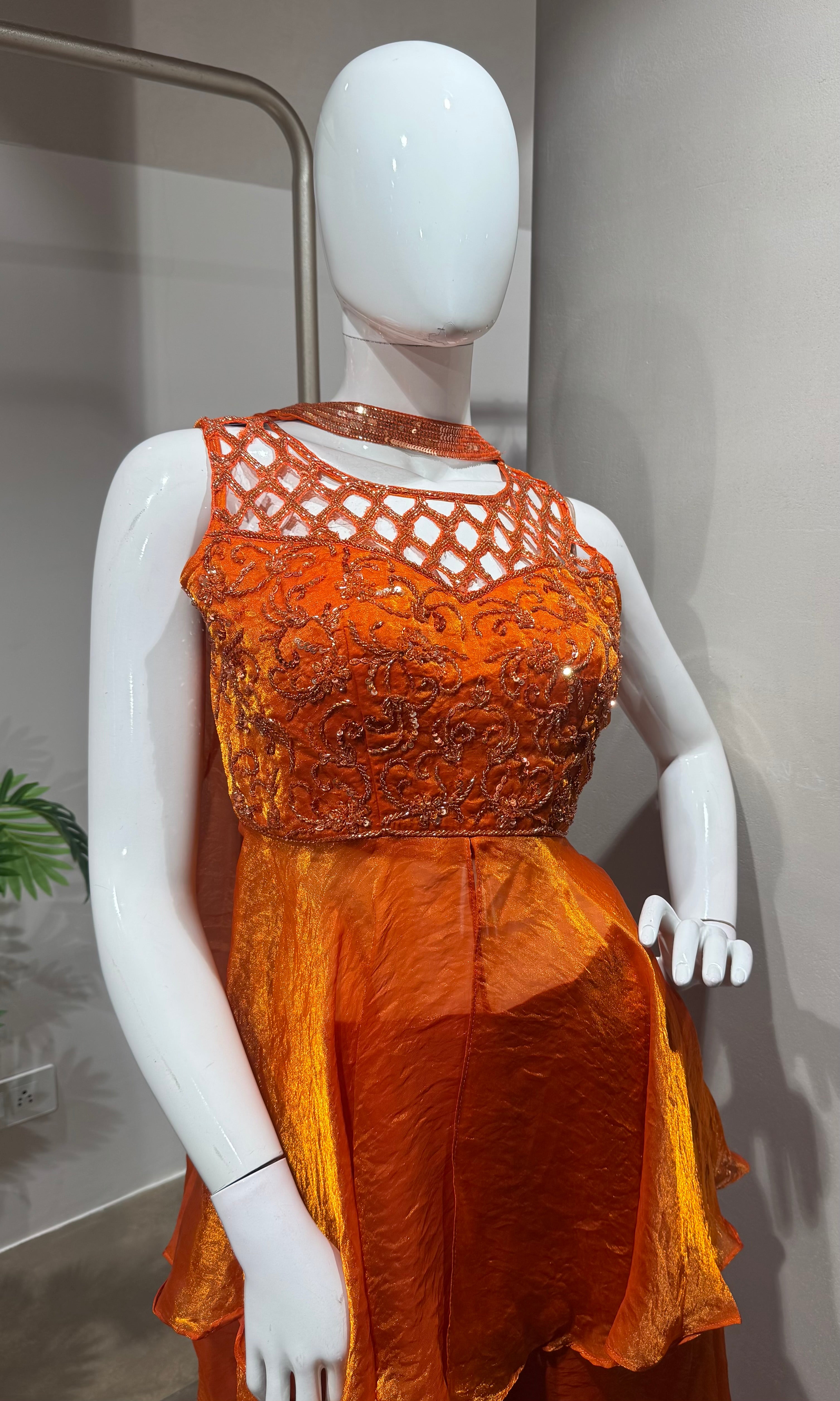 Orange Embellished Peplum Palazzo Set