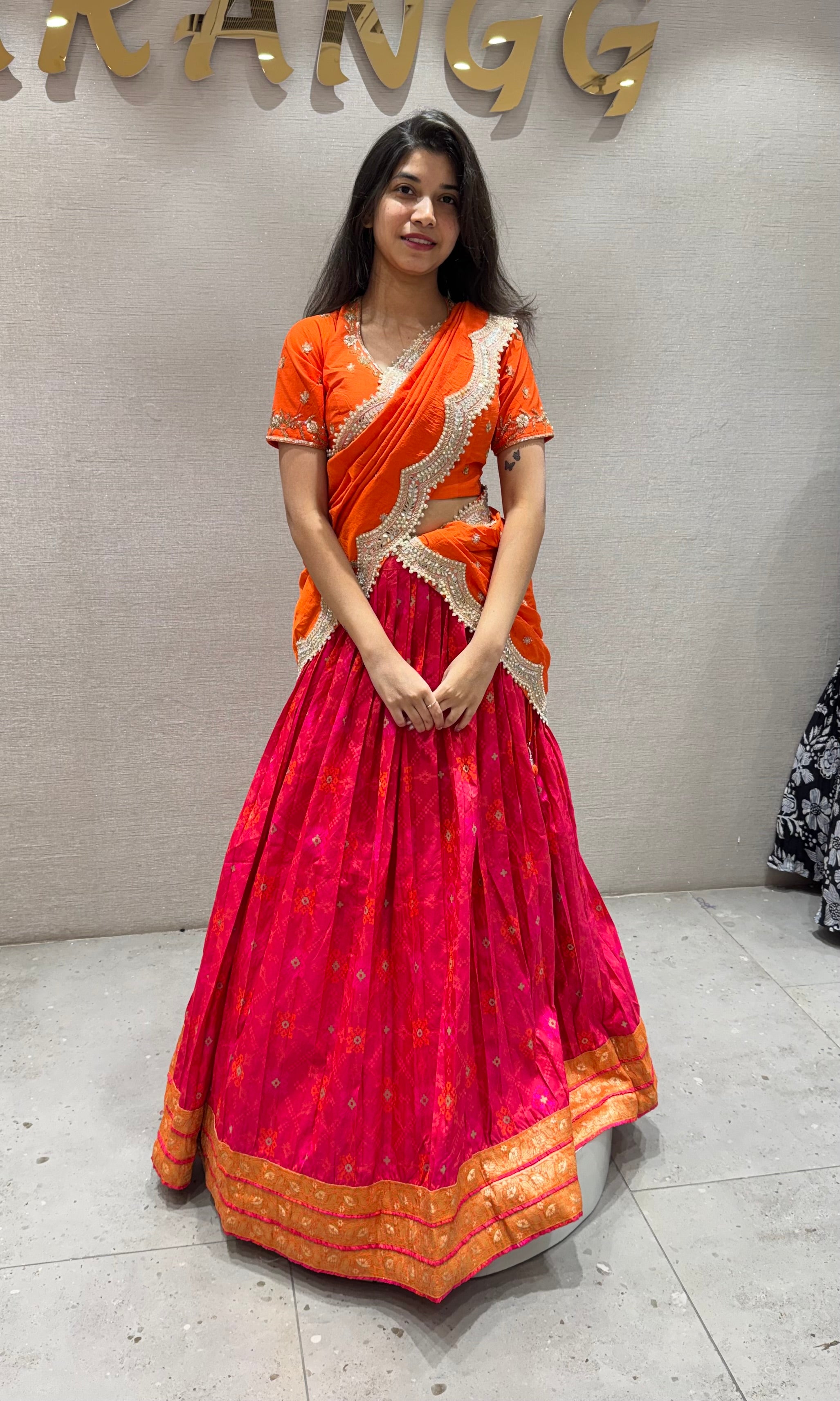 Orange golden lase embroidery lehenga