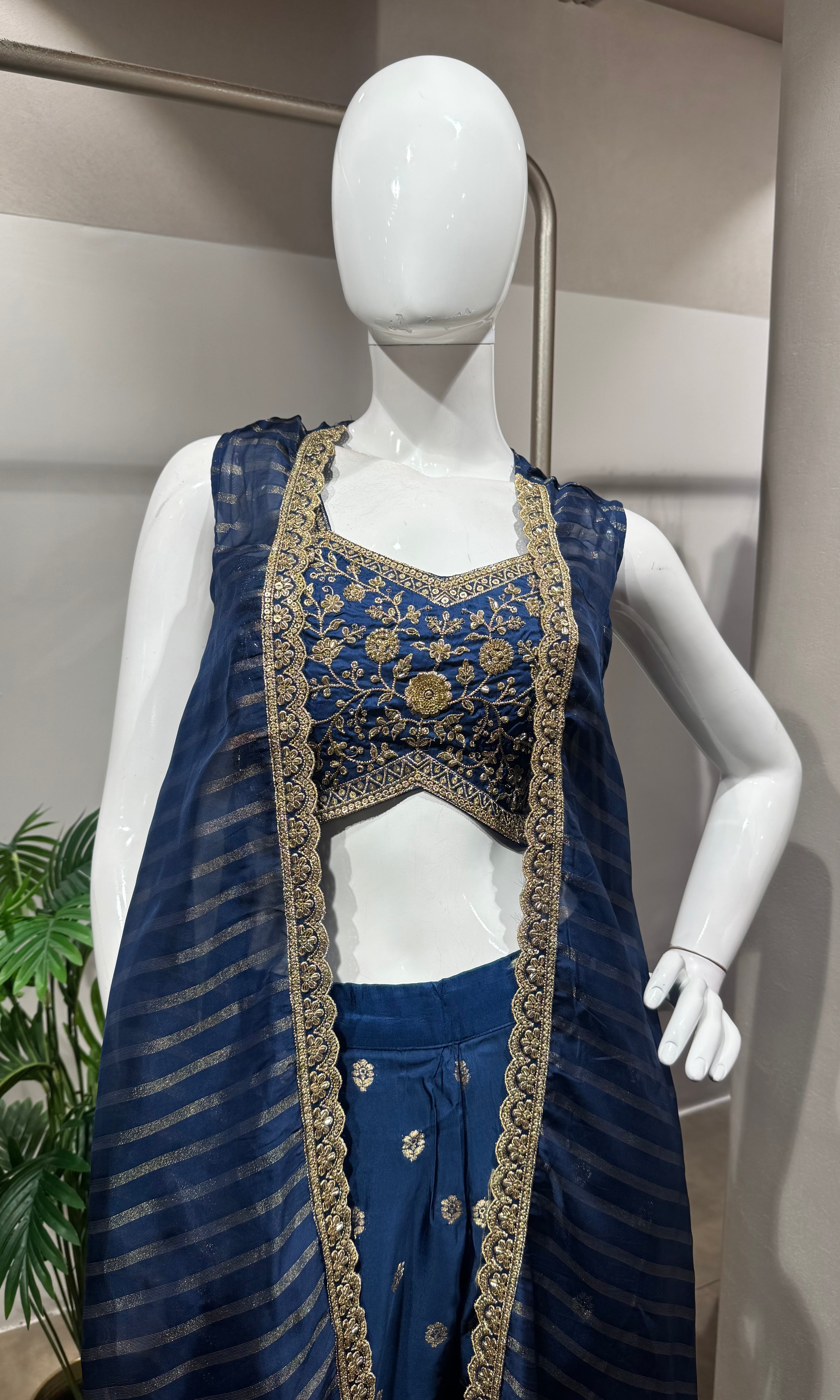 Navy Blue Indo-Western Draped Fusion Set
