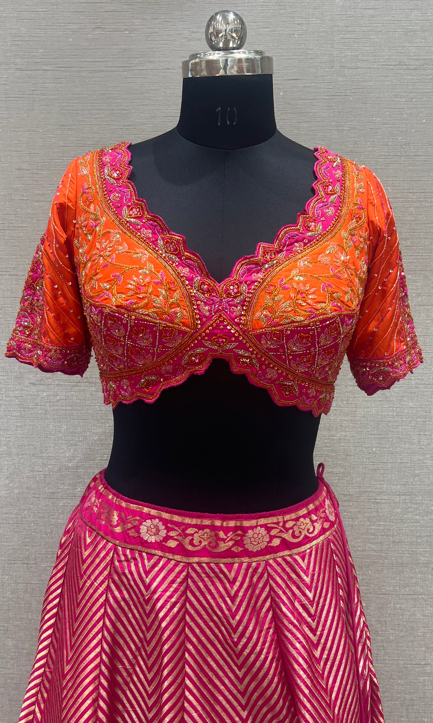 🌺Pink and orange Banarasi Lehenga🧡