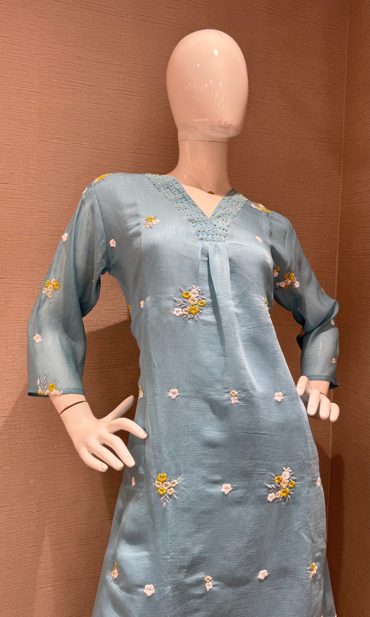 Light Blue Chanderi Kurta Set with Gold Zari Border Dupatta