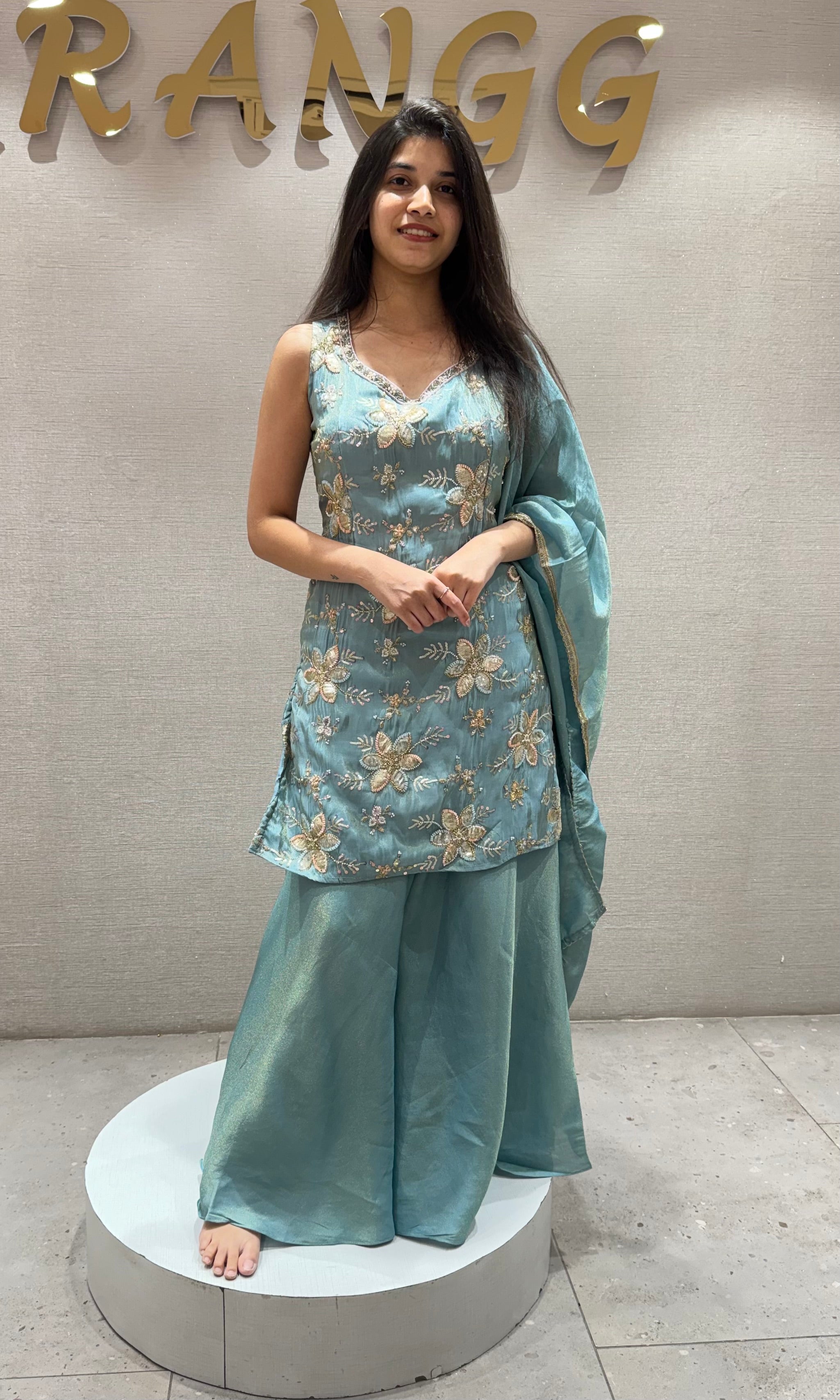 SEA Blue Tissue Floral Embroidery Sharara Set