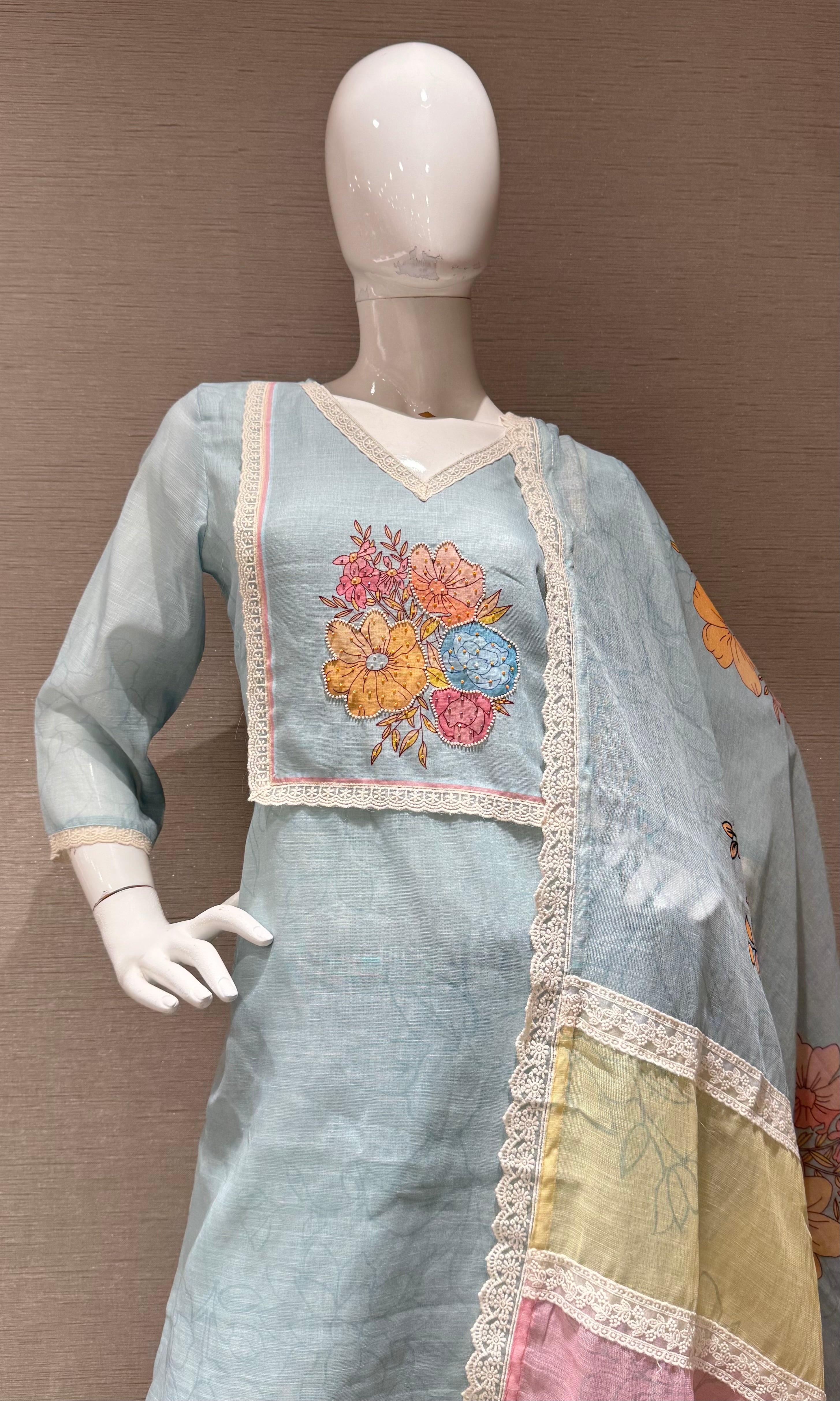 Sky Blue Straight Kurta Set with Multicolor Pastel dupatta
