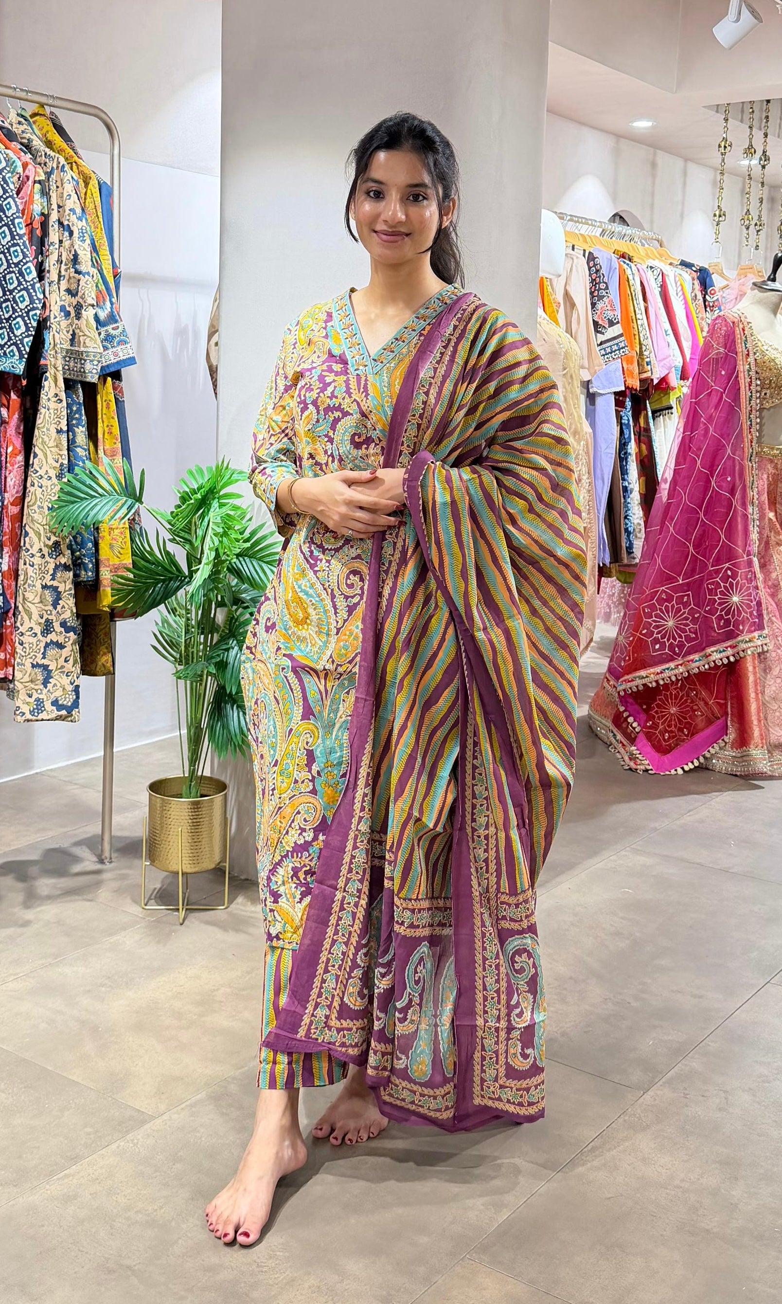 Violet paisley style cotton kurta set