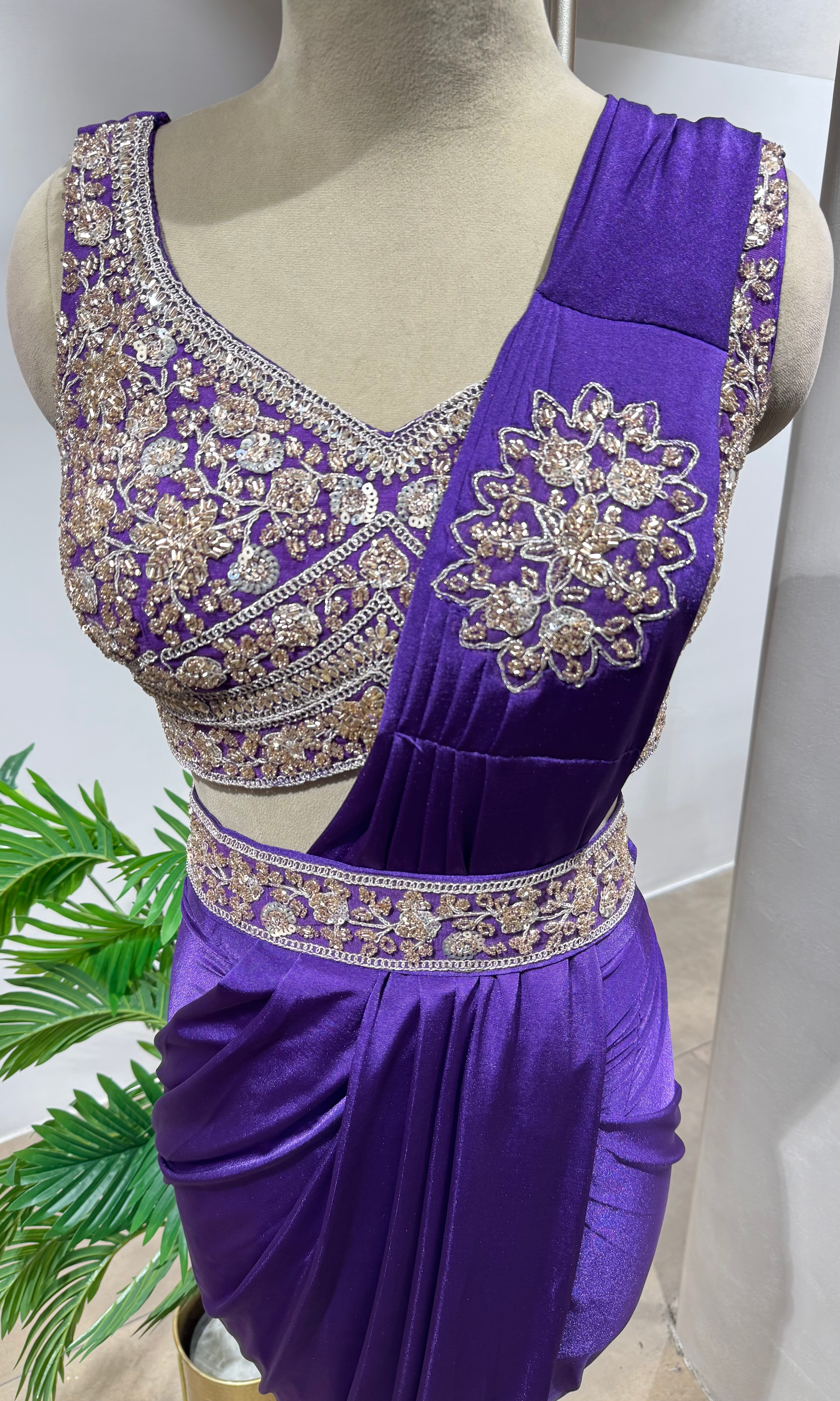 purple Draped Saree with Embellished Blouse & belt