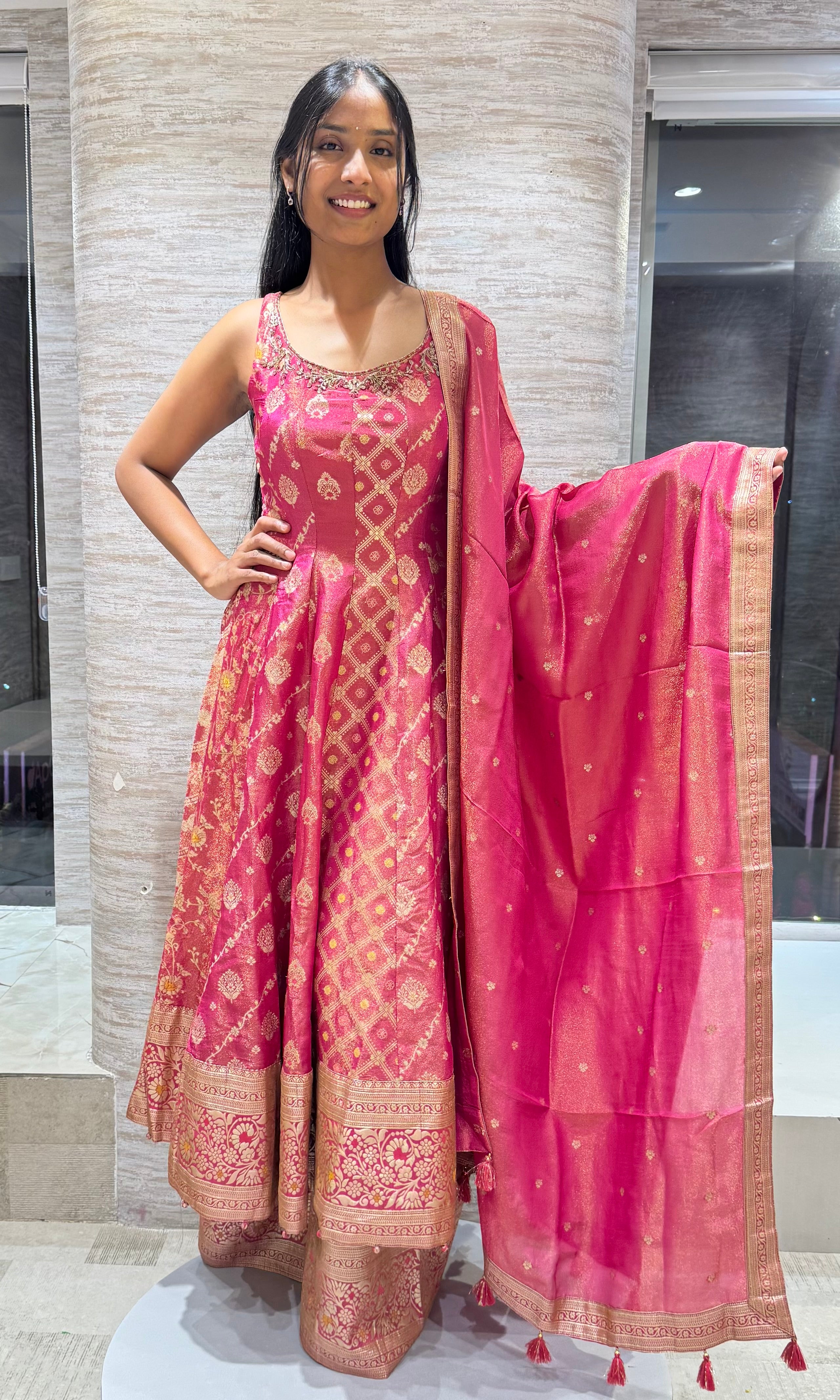 pink banarasi anarkali sharara set