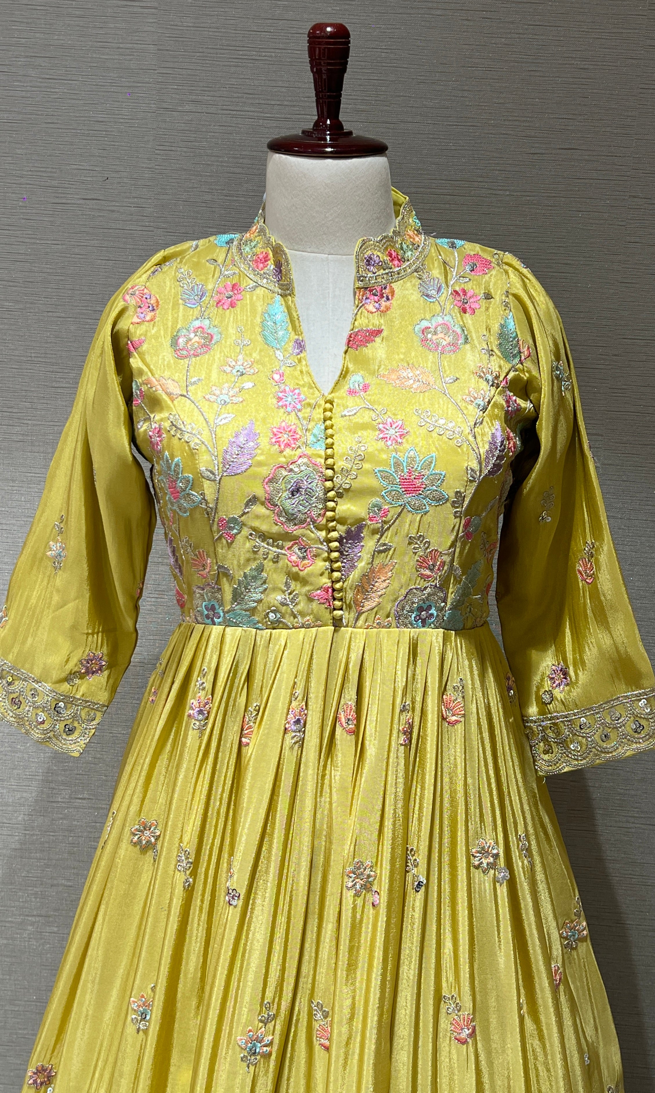 Light Yellow Anarkali Long Gown with Multicolor Floral Embroidery