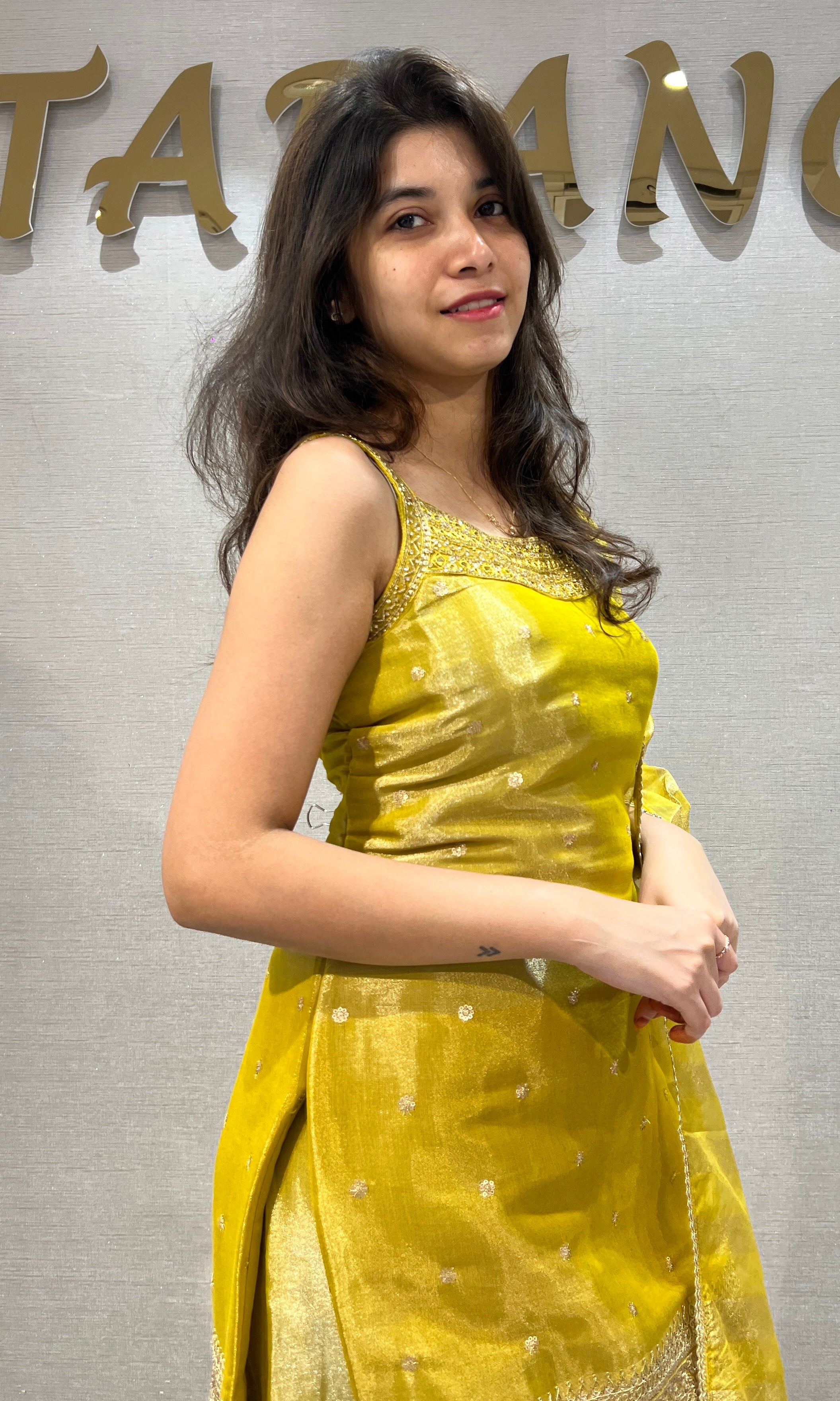 Mustard Yellow Shimmer Tissue Sharara Set