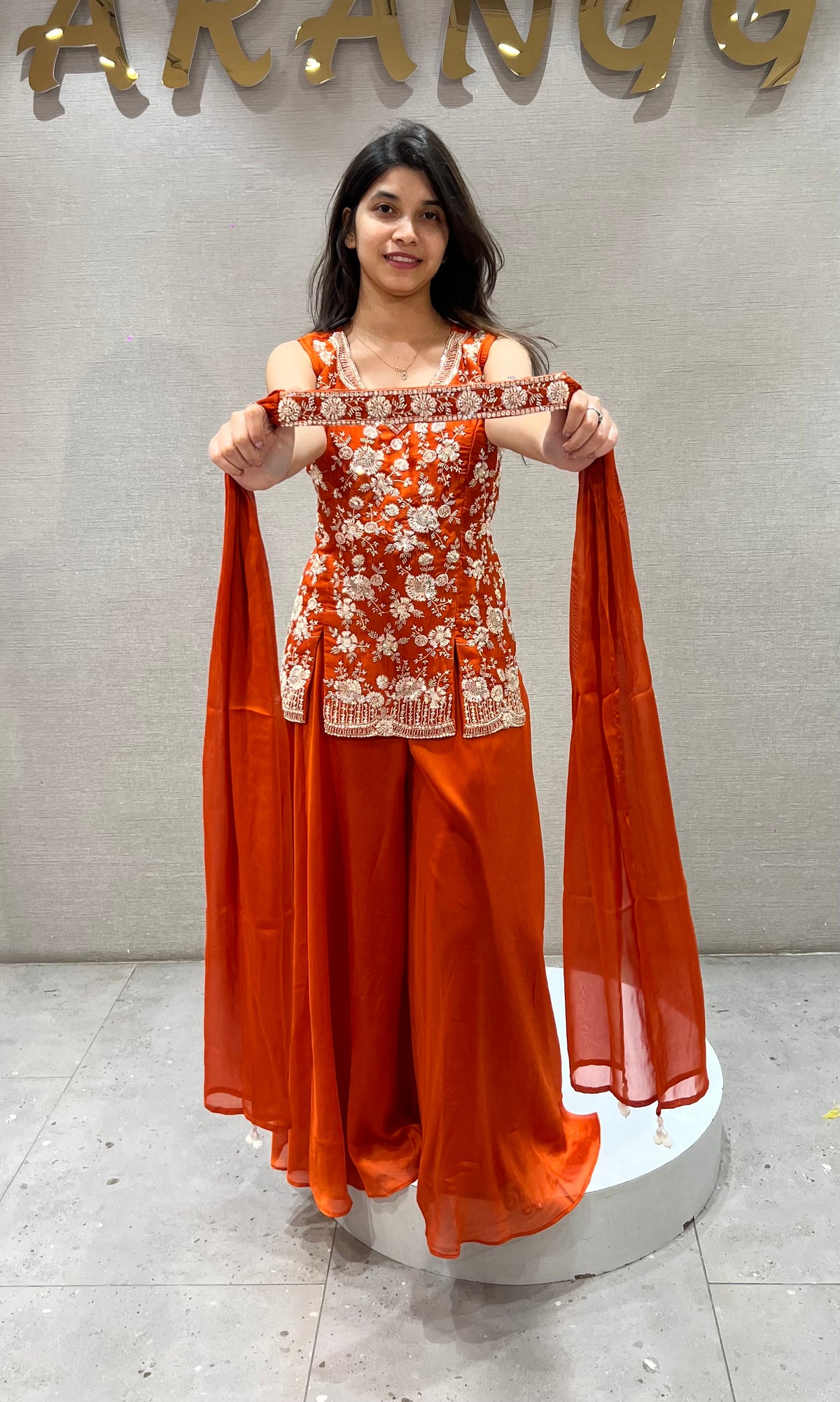 Orange Silk Floral Embroidered Palazzo Set