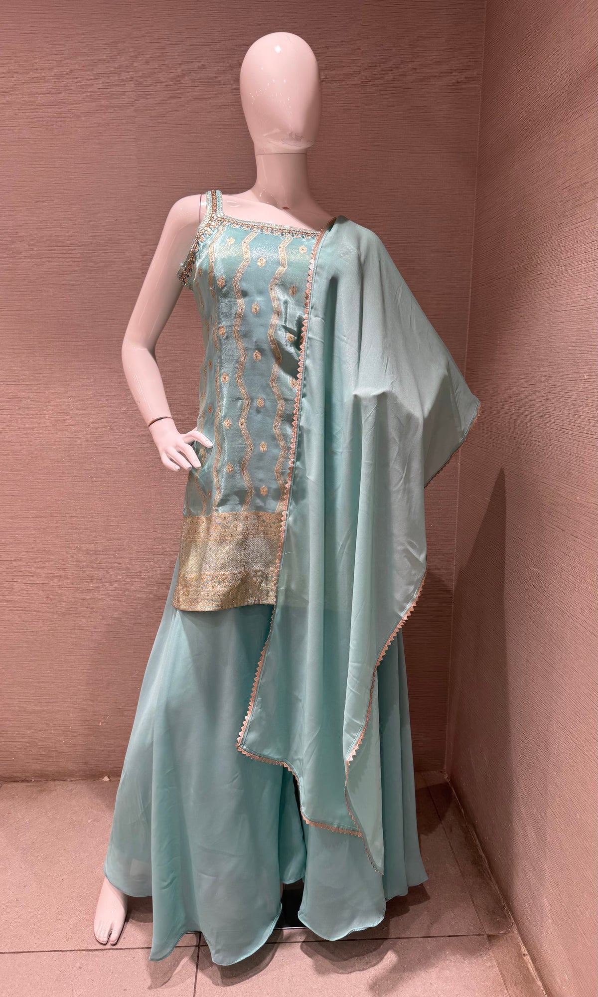 Sea Blue Georgette Flared Sharara set with Dupatta
