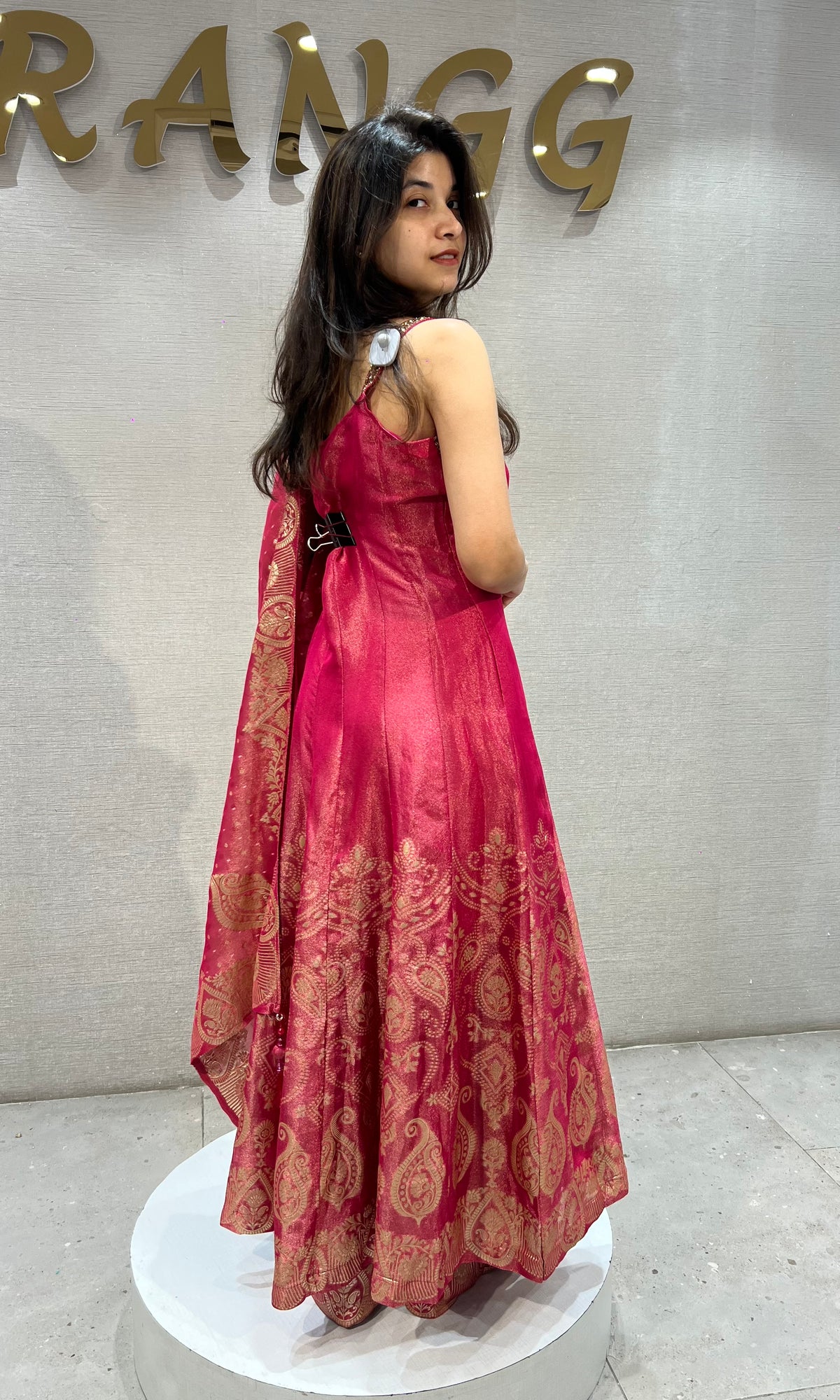 Pink banarasi silk Anarkali with Gold Zari Embroidery and Dupatta