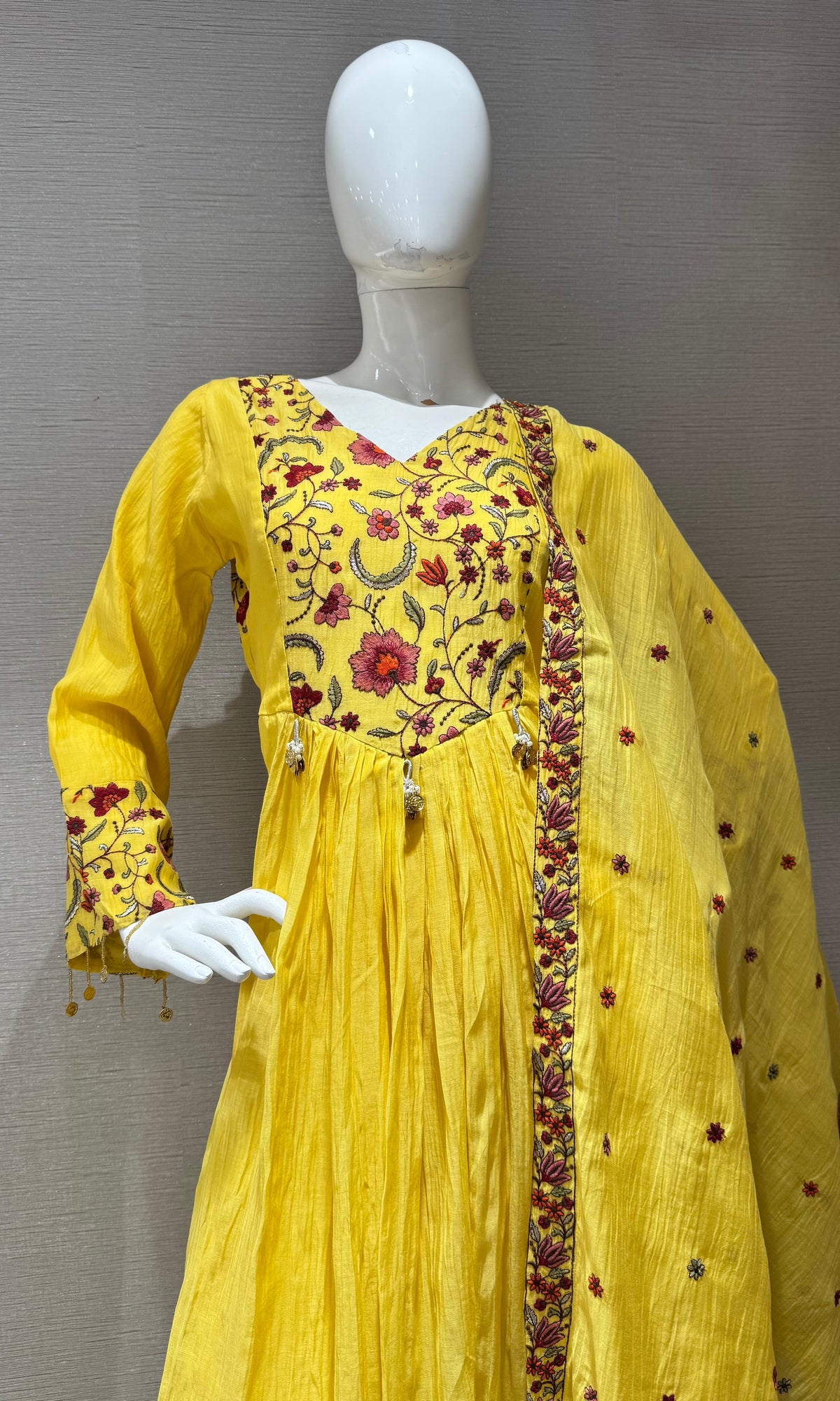 Yellow Floral Embroidery Cotton Kurta Set with dupatta