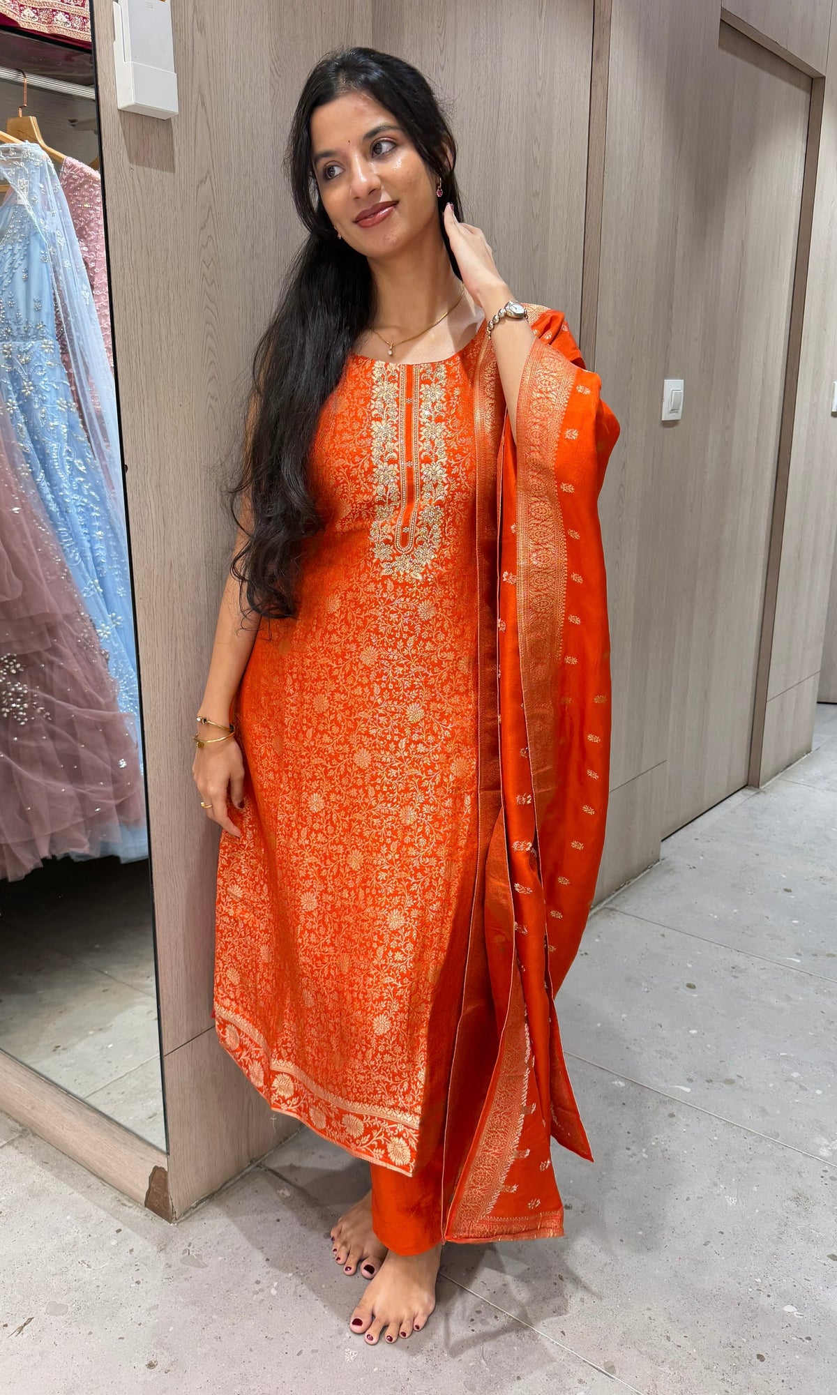 Radiant Orange Banarasi Brocade Kurta set with dupatta