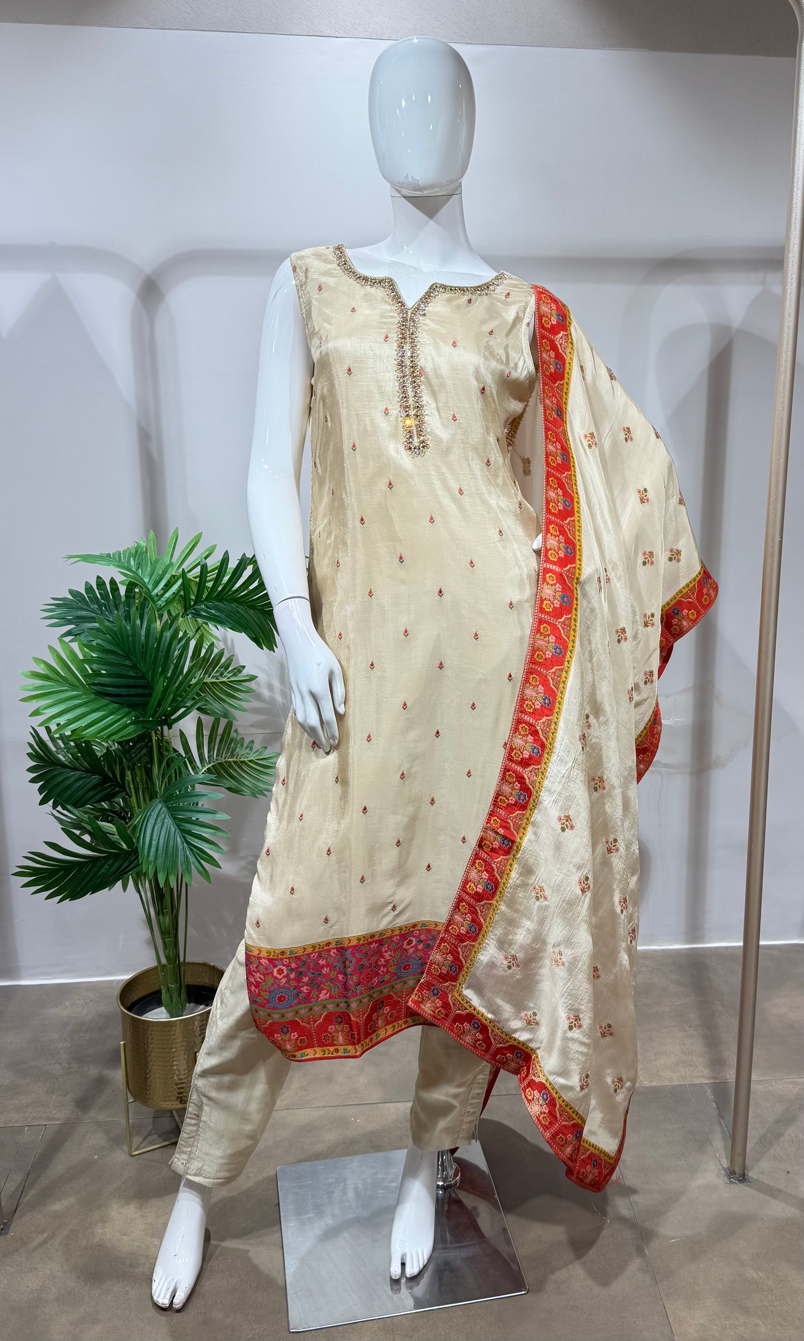 Royal Cream Silk Embroidered straight cut