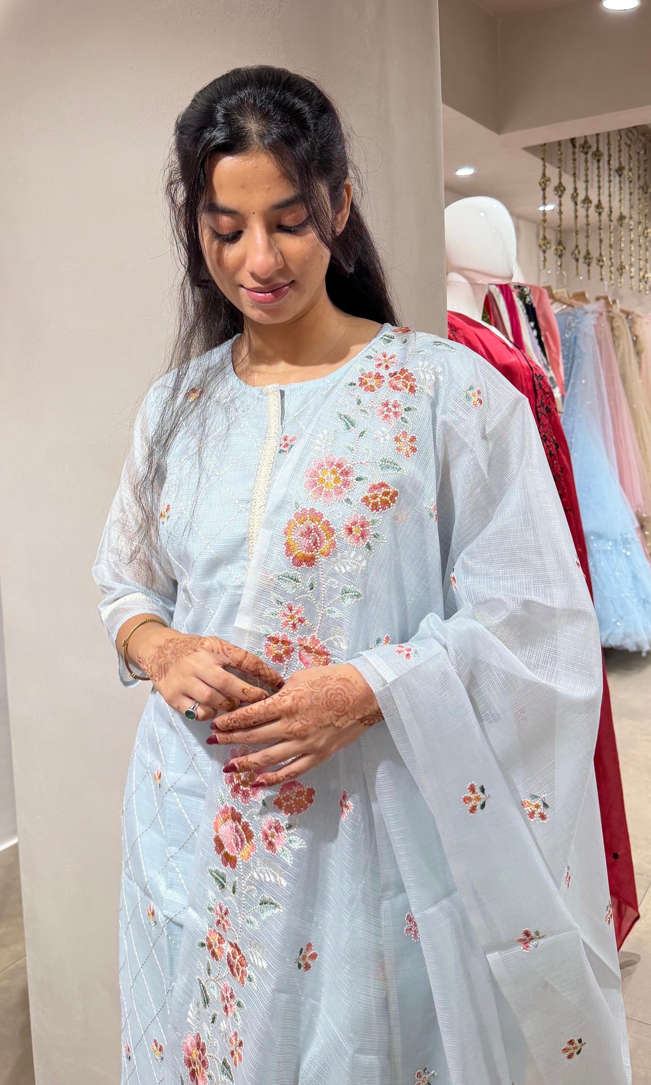 Sea blue FLORAL MOTIF kurta set