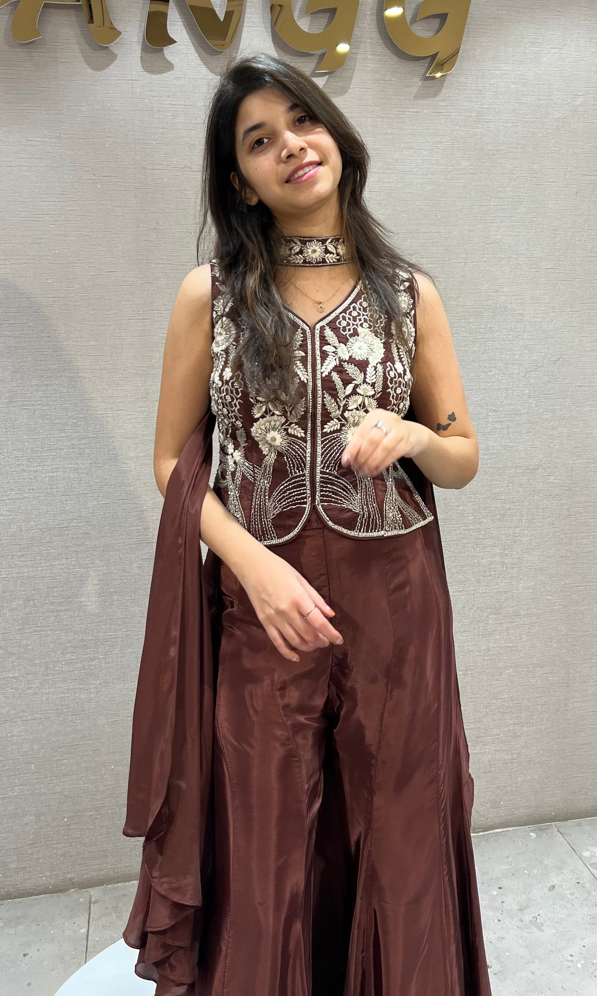 Brown Silk golden floral embroidered peplum palazzo set