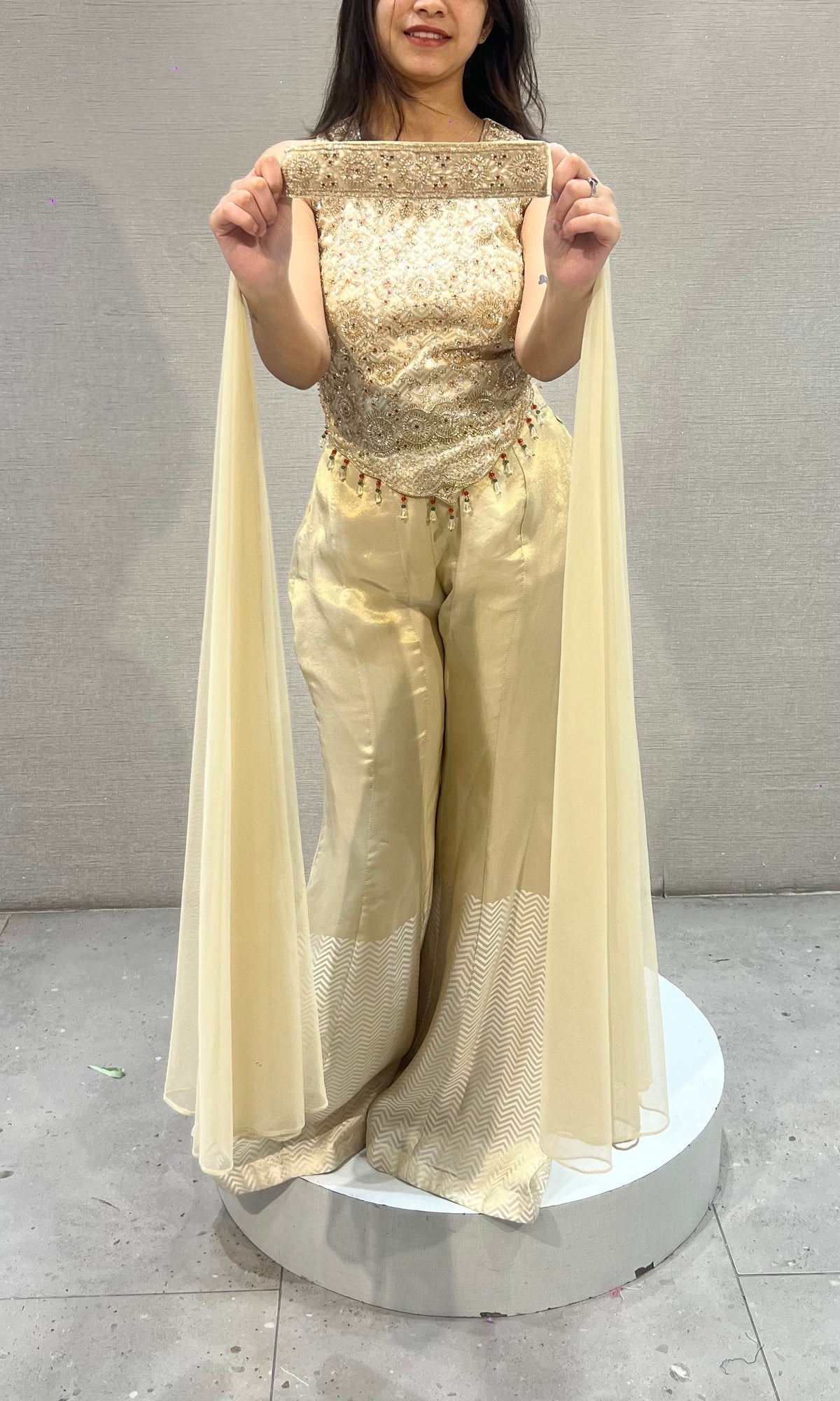 Cream Shimmer Tissue Short Blouse Palazzo Set
