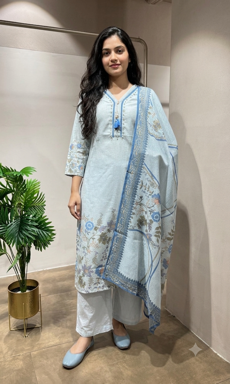 Light blue FLORAL PRINT EMBROIDERED kurta set