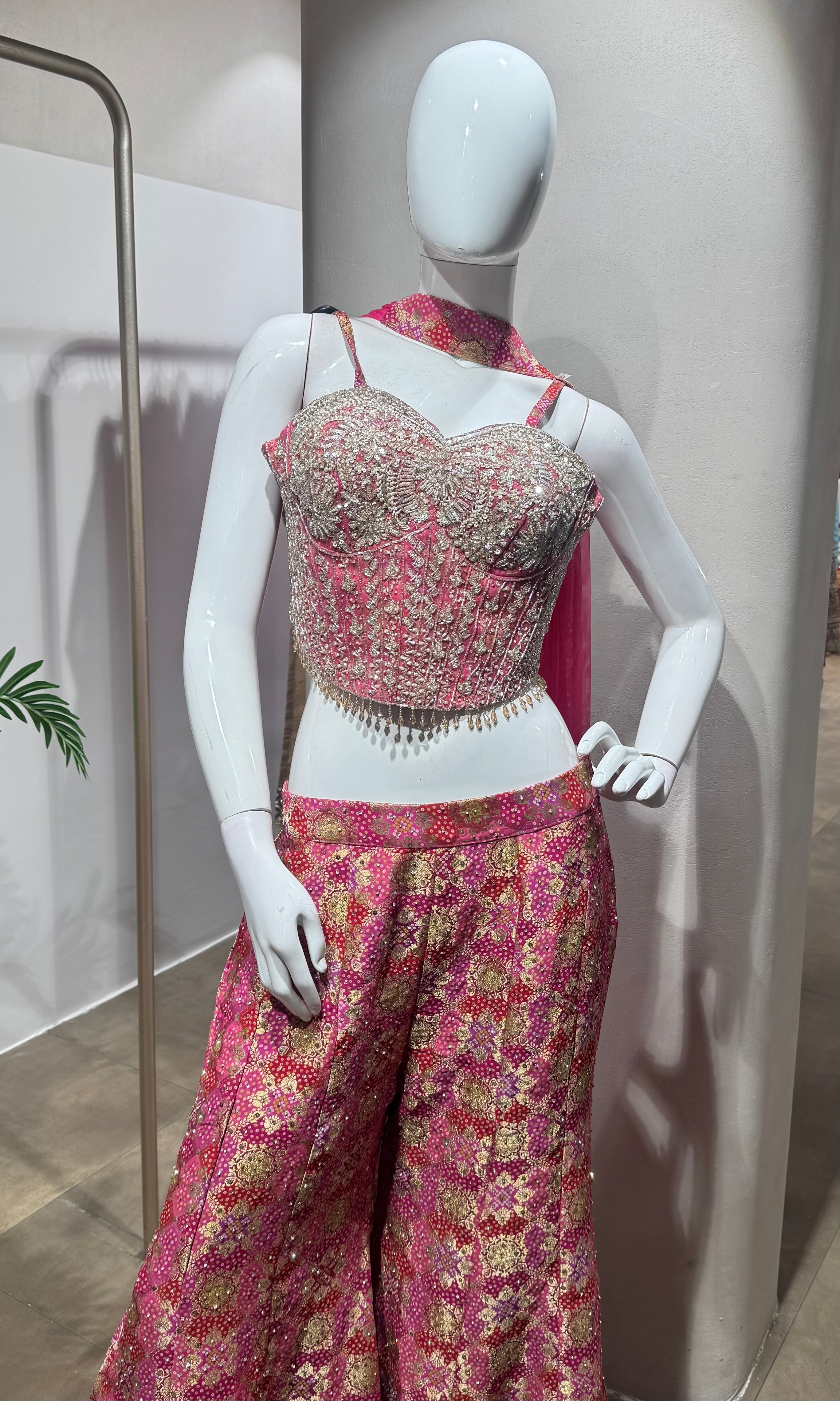 Pink Embroidered Corset & Flared Palazzo set