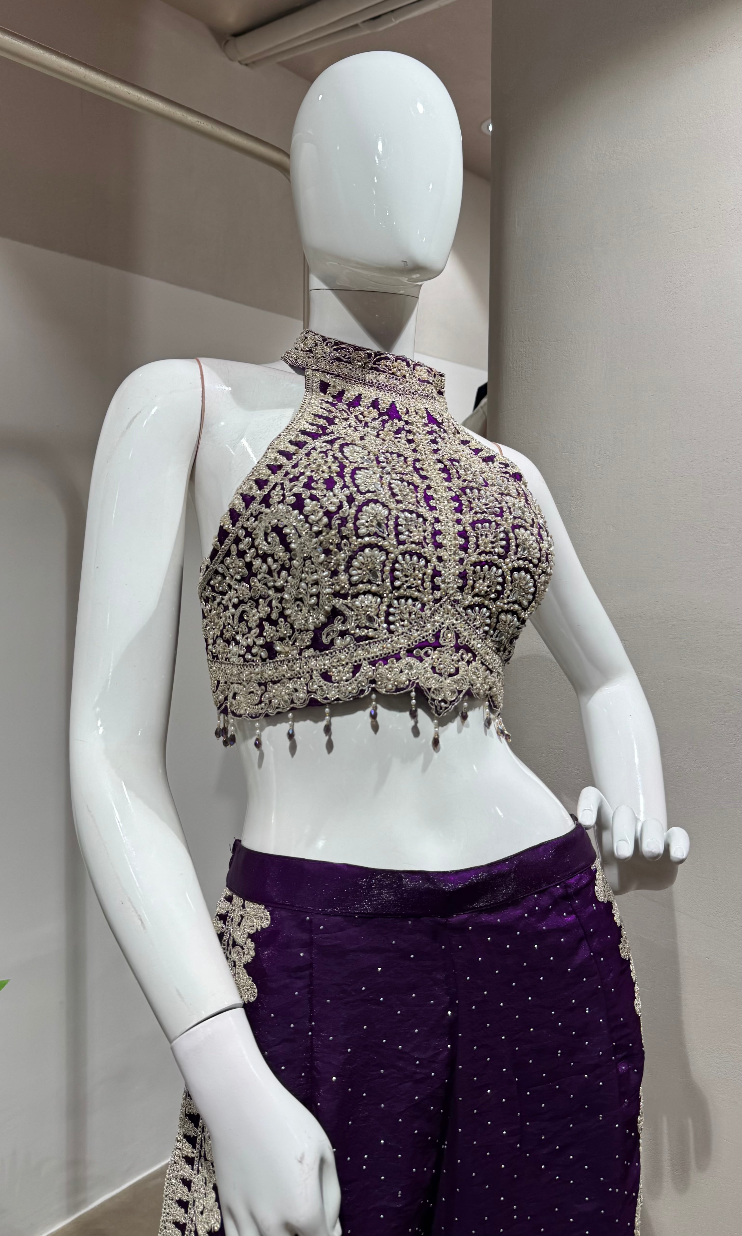 PURPLE EMBROIDERED HALTER CROP TOP PALAZZO SET
