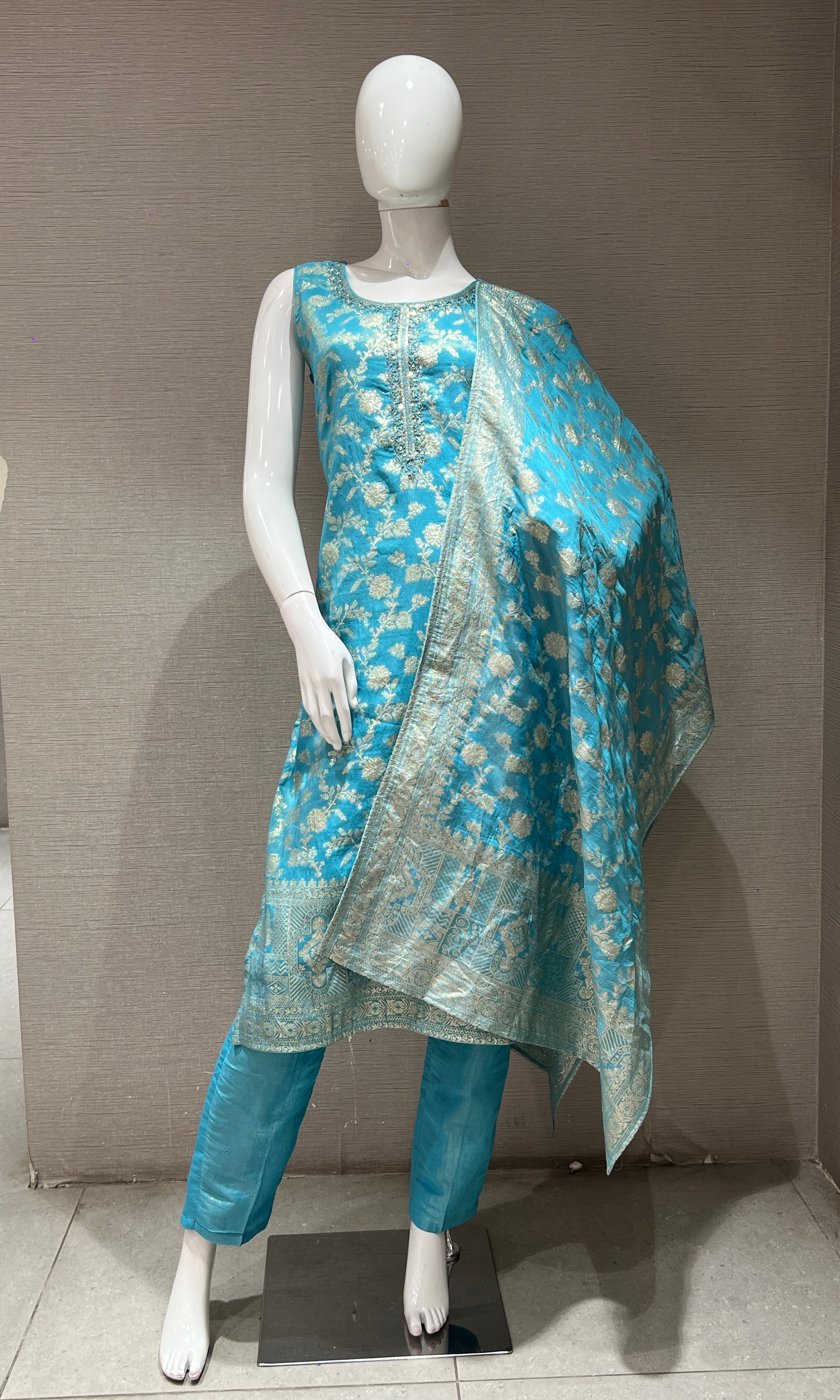 Sea blue golden embroidered kurta set