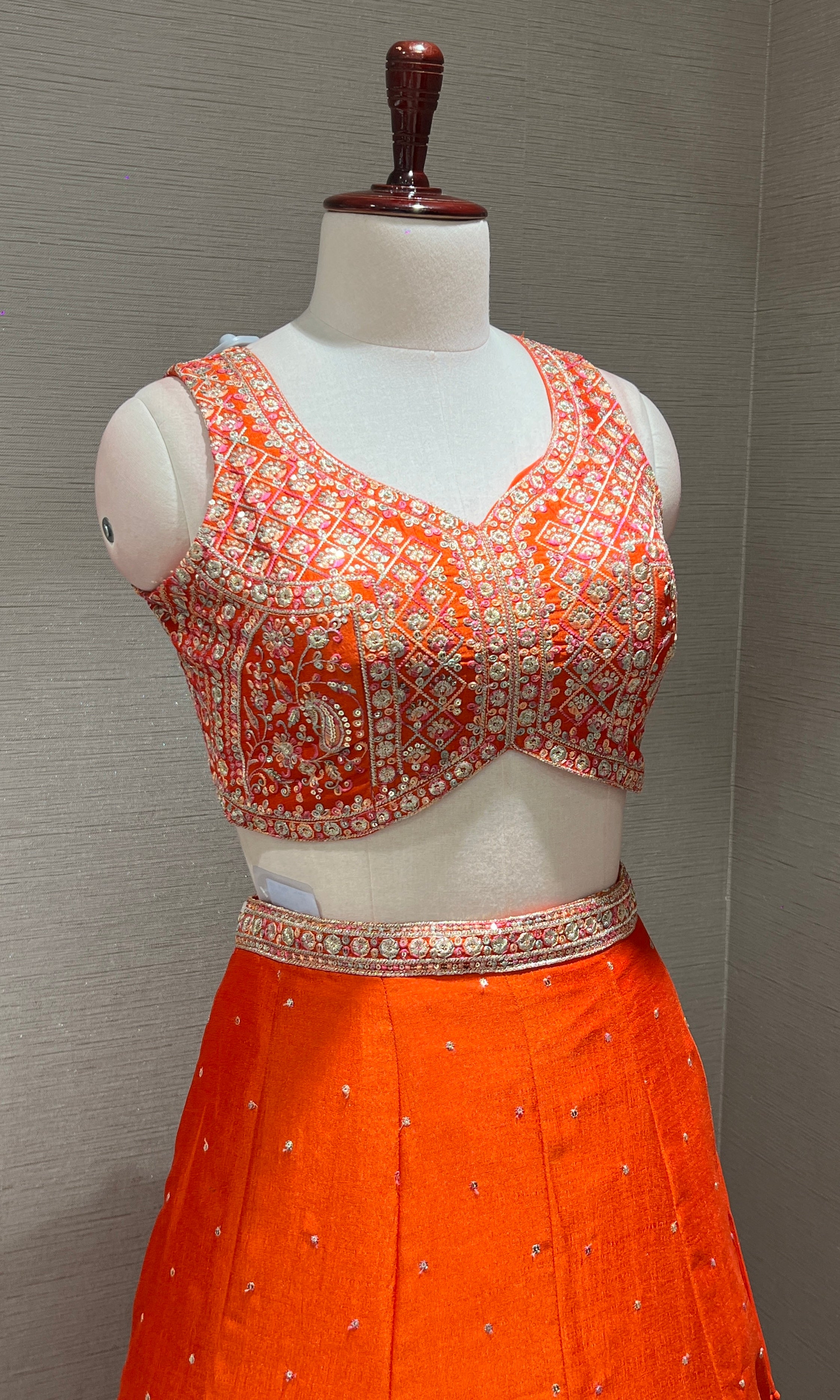 Orange Mirrorwork Embroidered Lehenga Set