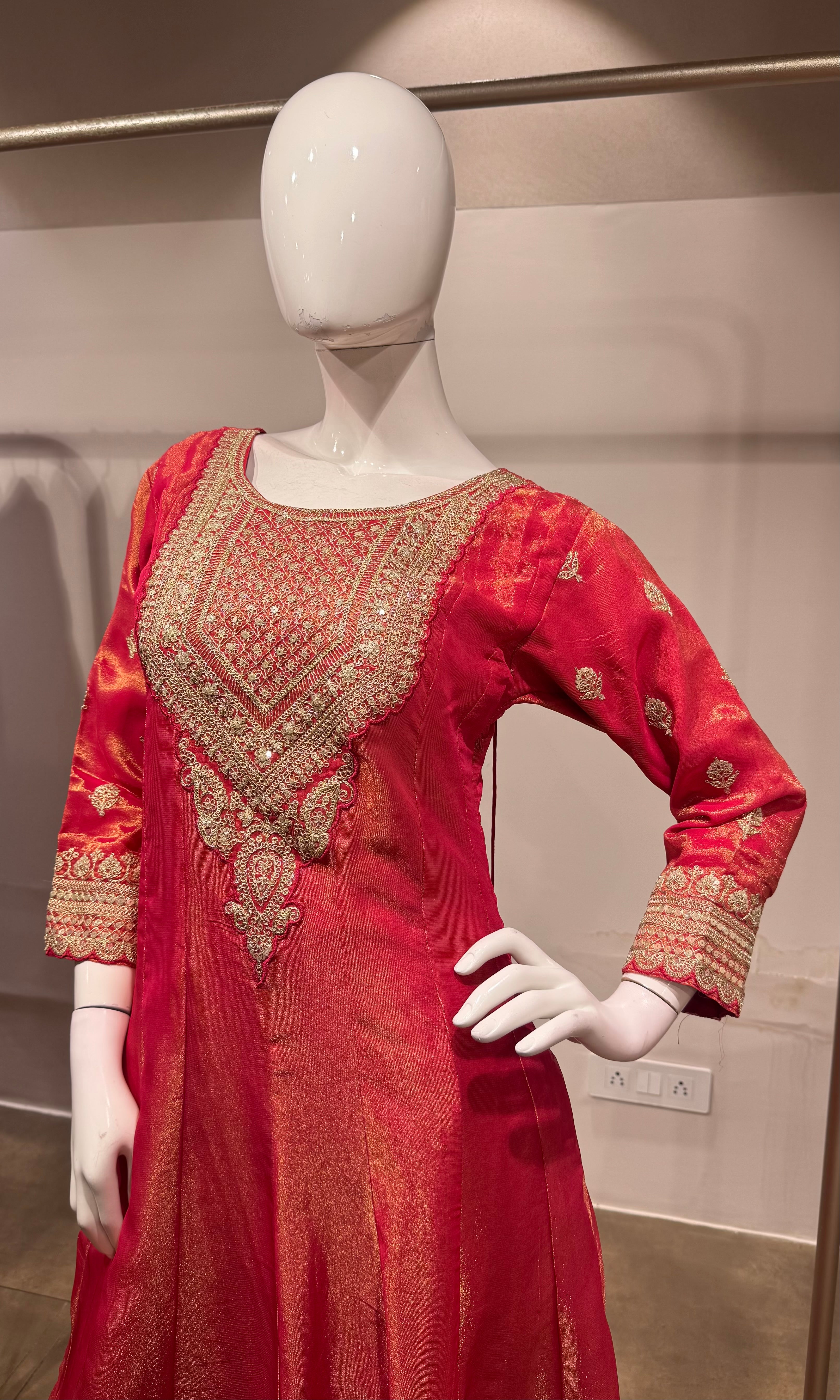 Pink Golden shimmer anarkali with palazzo pants
