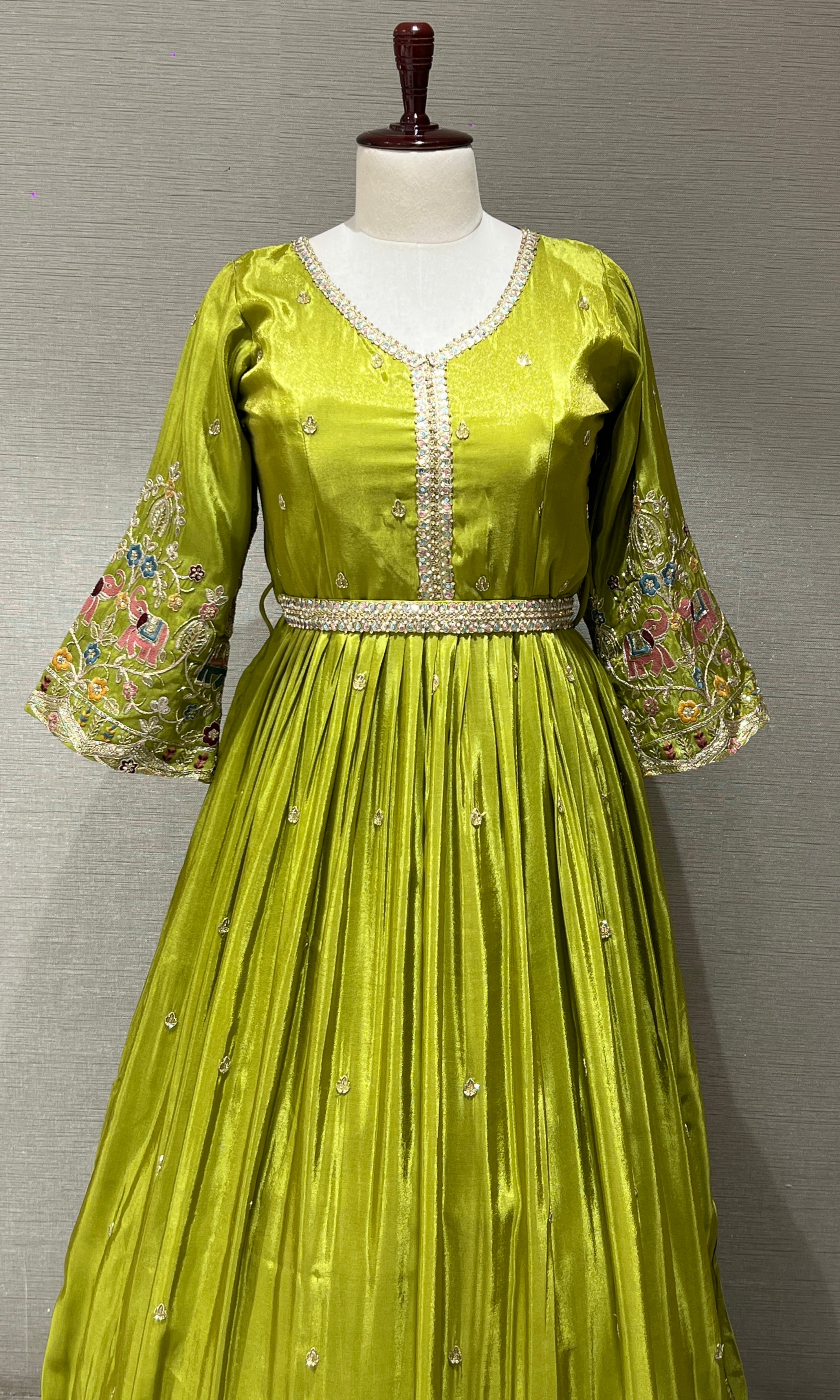 Parrot Green Anarkali Long Gown with Multicolor Thread Work