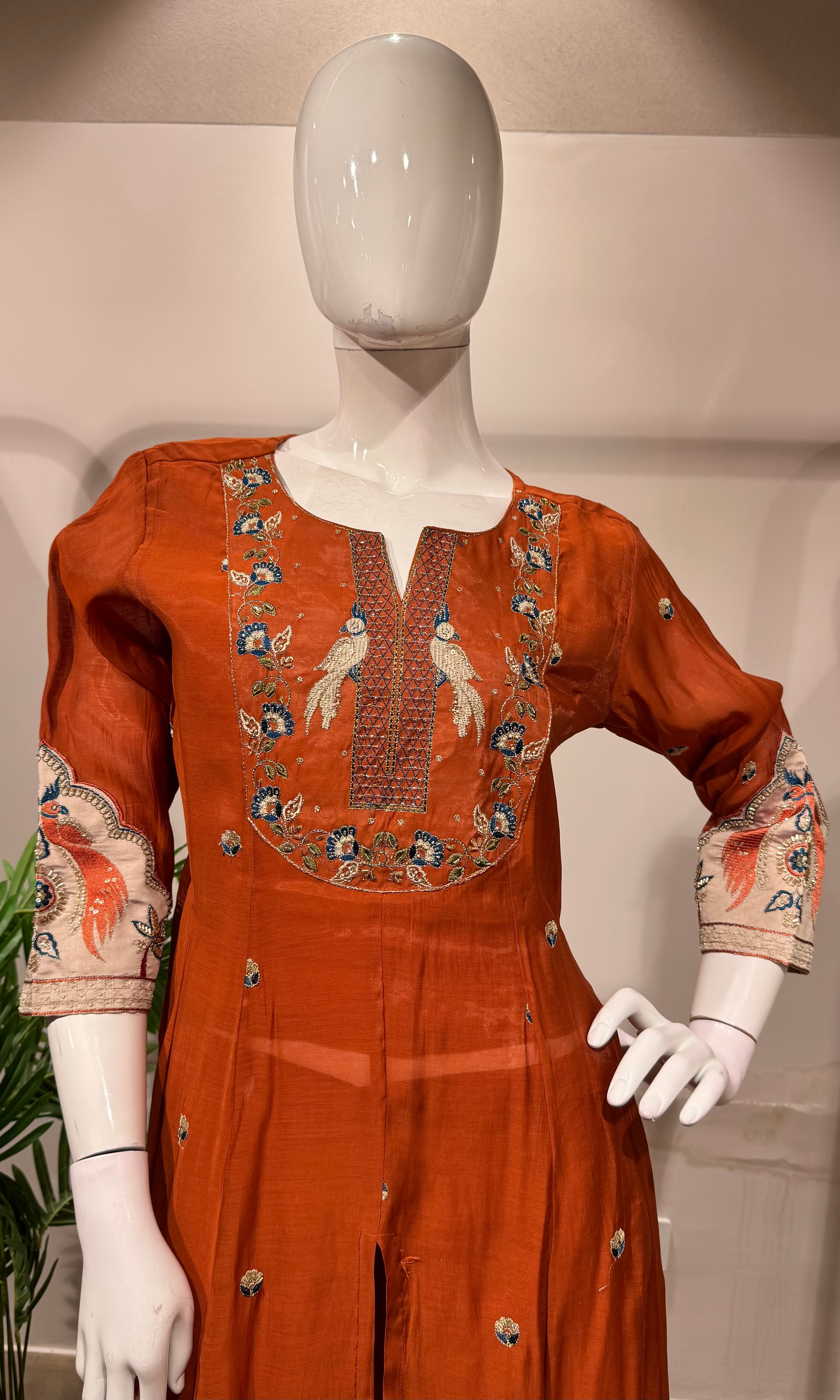 Rust embroidered Anarkali with palazzo pants